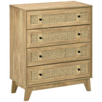 Chest of Drawers with 4 Drawers and Rattan Inserts, Boho Style, 80x35x95 cm, Natural Wood