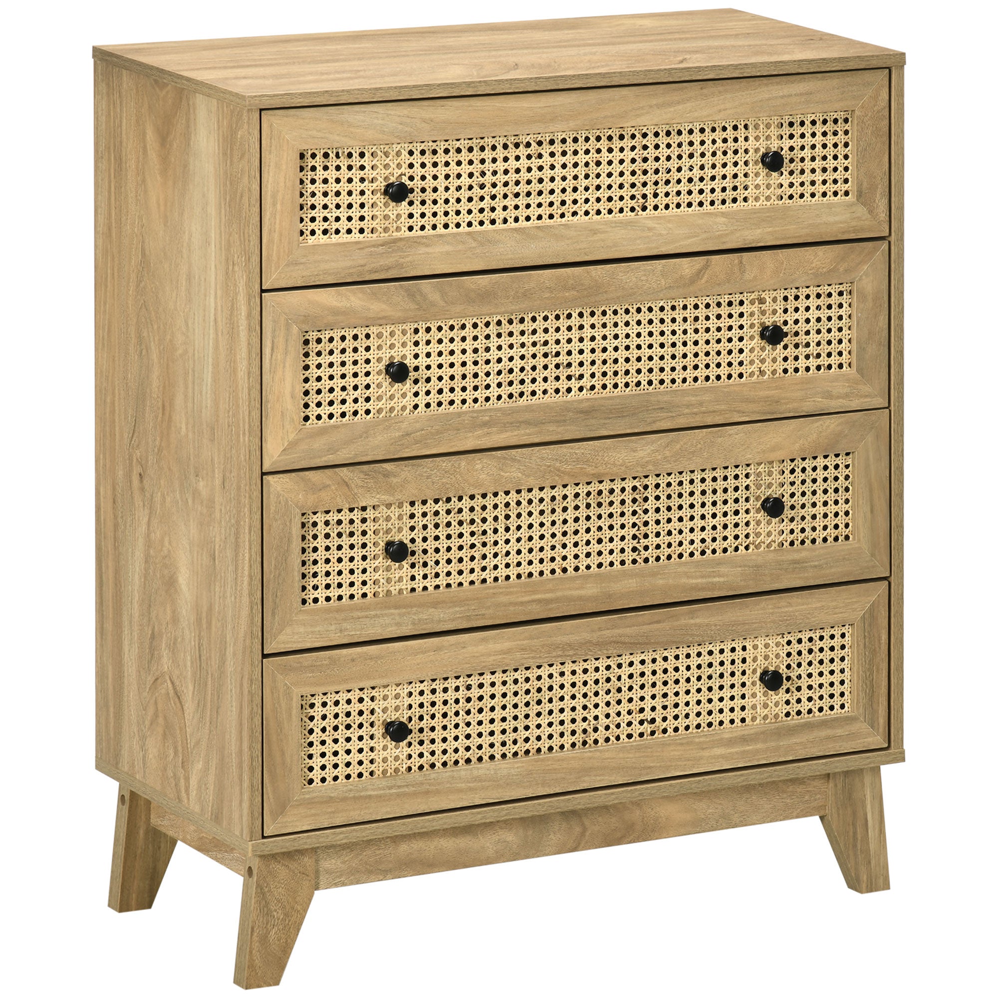 Chest of Drawers with 4 Drawers and Rattan Inserts, Boho Style, 80x35x95 cm, Natural Wood