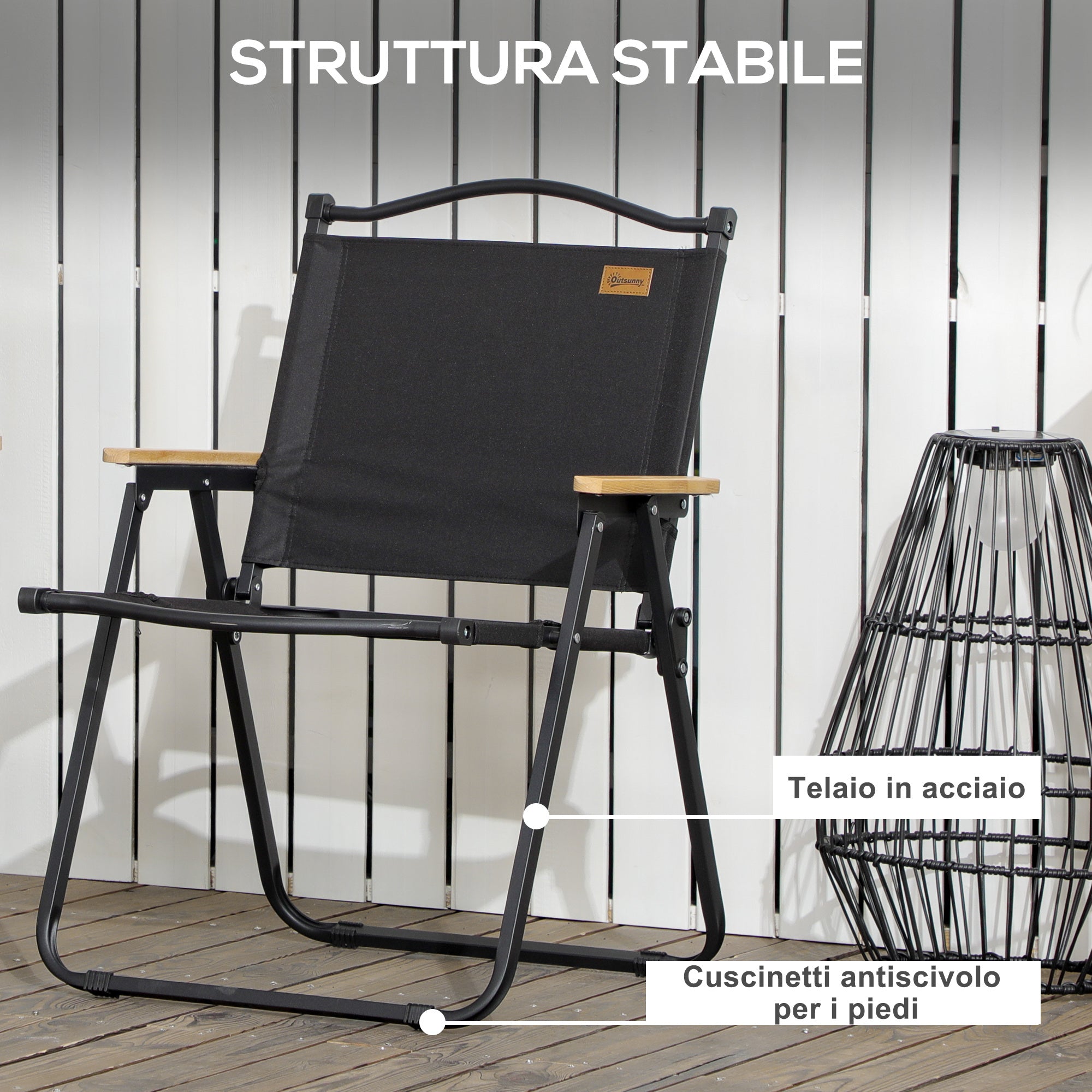 Set of 2 Folding Outdoor Chairs with Armrests in Oxford Fabric and Steel, Black