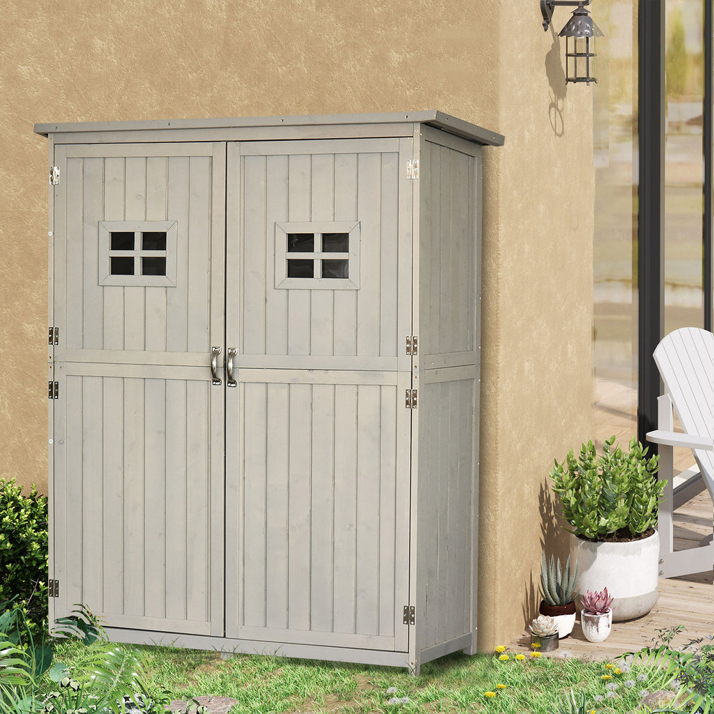 Wooden Garden Shed with Double Door, Shelves and Windows, 127.5x50x164cm