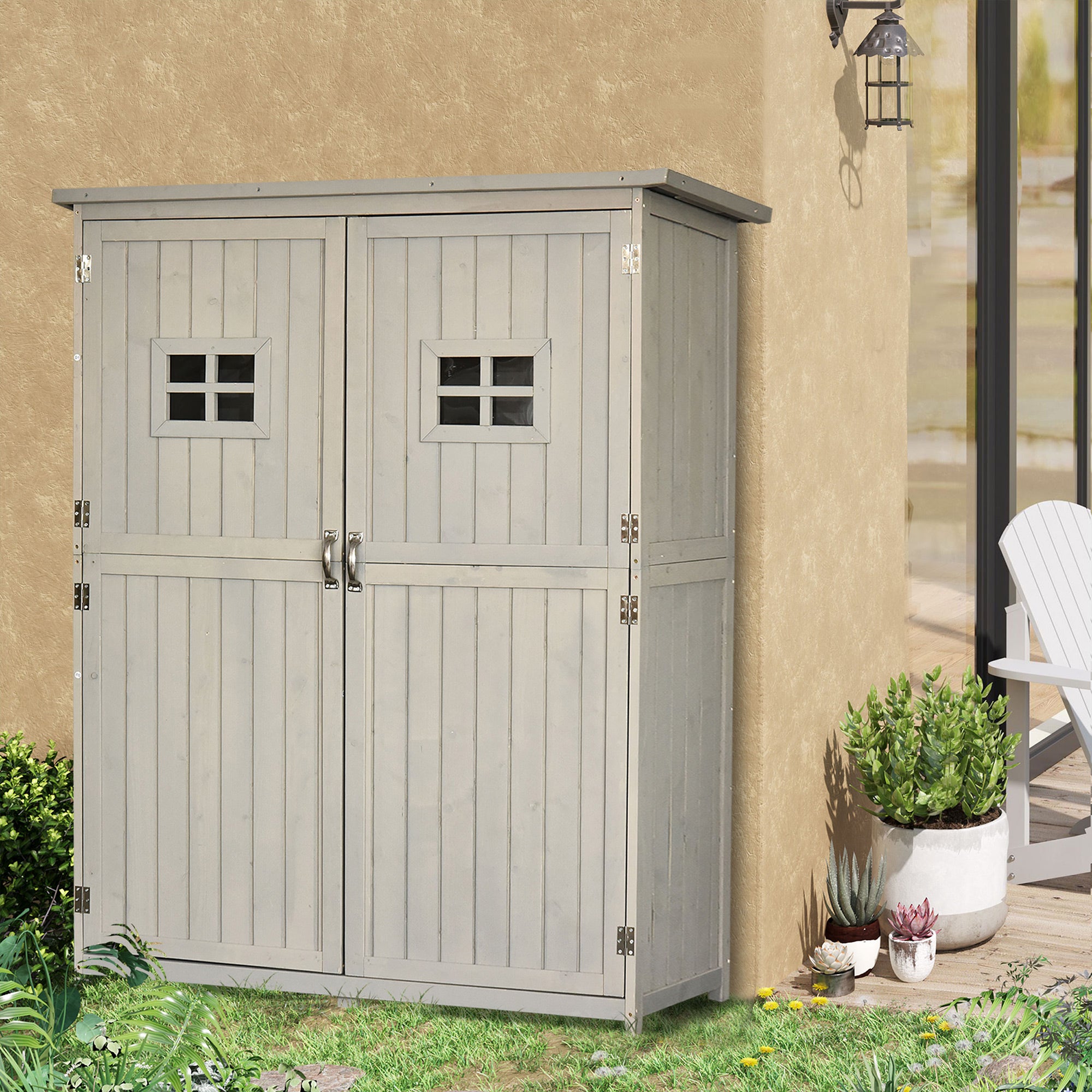 Wooden Garden Shed with Double Door, Shelves and Windows, 127.5x50x164cm