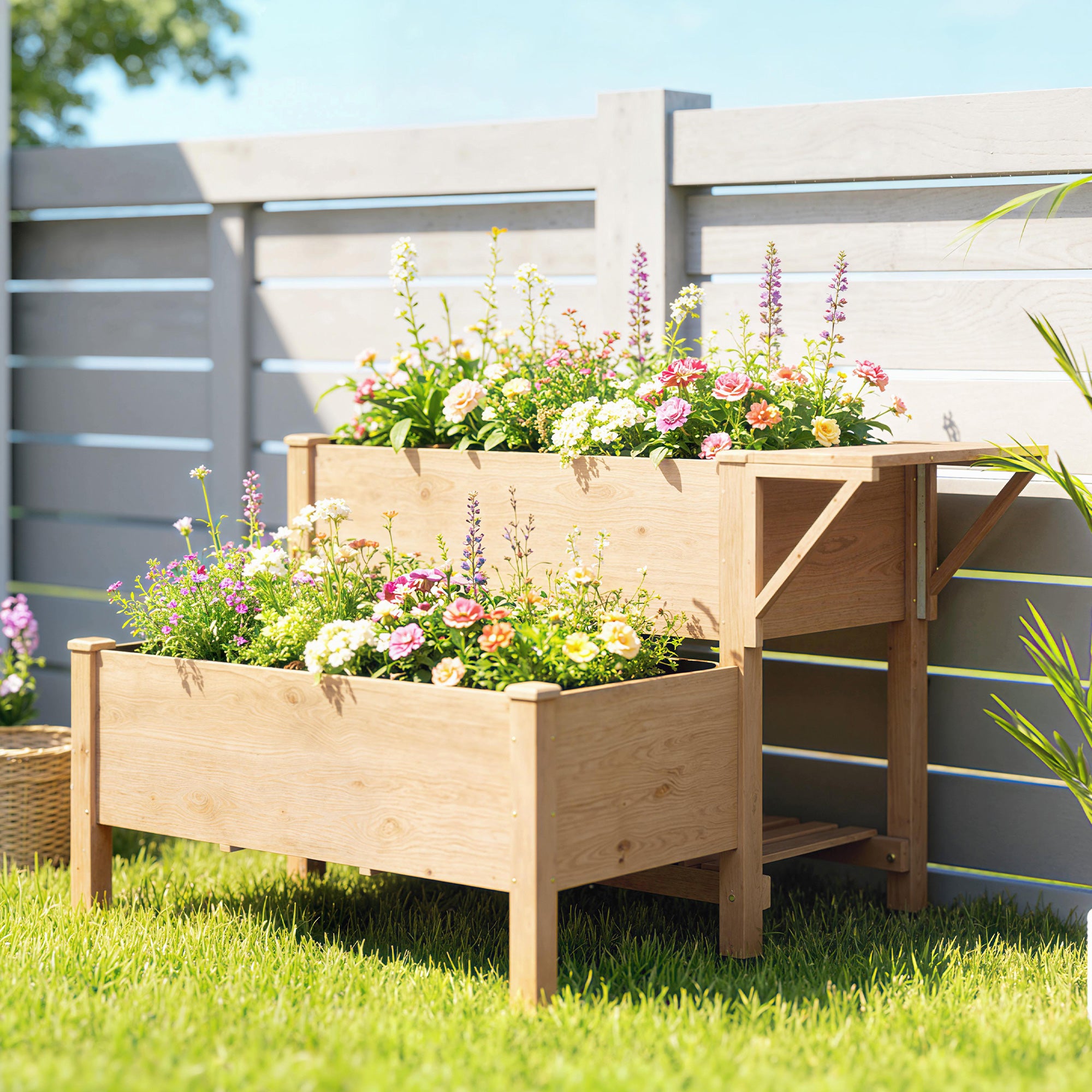 Outsunny 2-Tier Raised Garden Bed with Wooden Shelves, 119.5x102x76.5cm, Brown