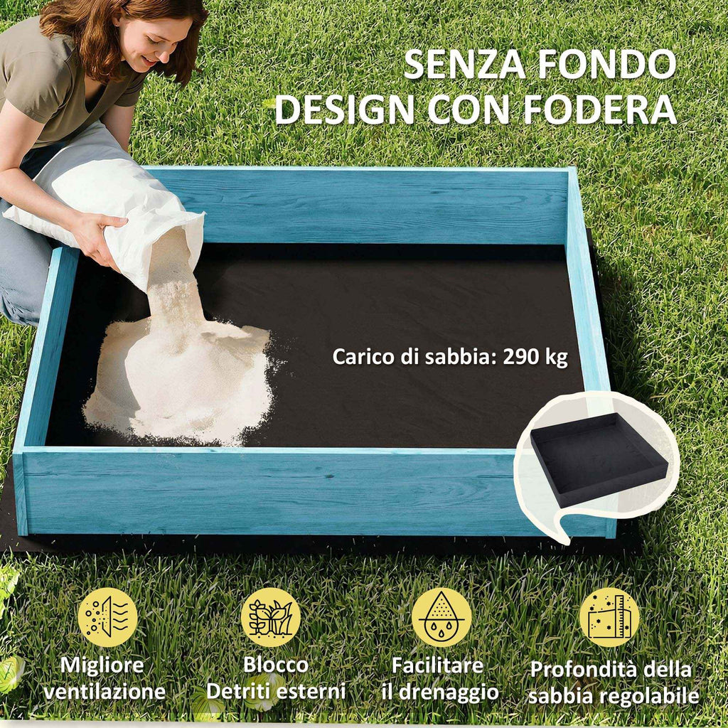 Sandpit for Children 3-6 Years with Dinosaur Canopy, Folding Seats, Lid and Liner Included, Children's Sandpit in Fir Wood, 134.5x127.5x130 cm, Blue