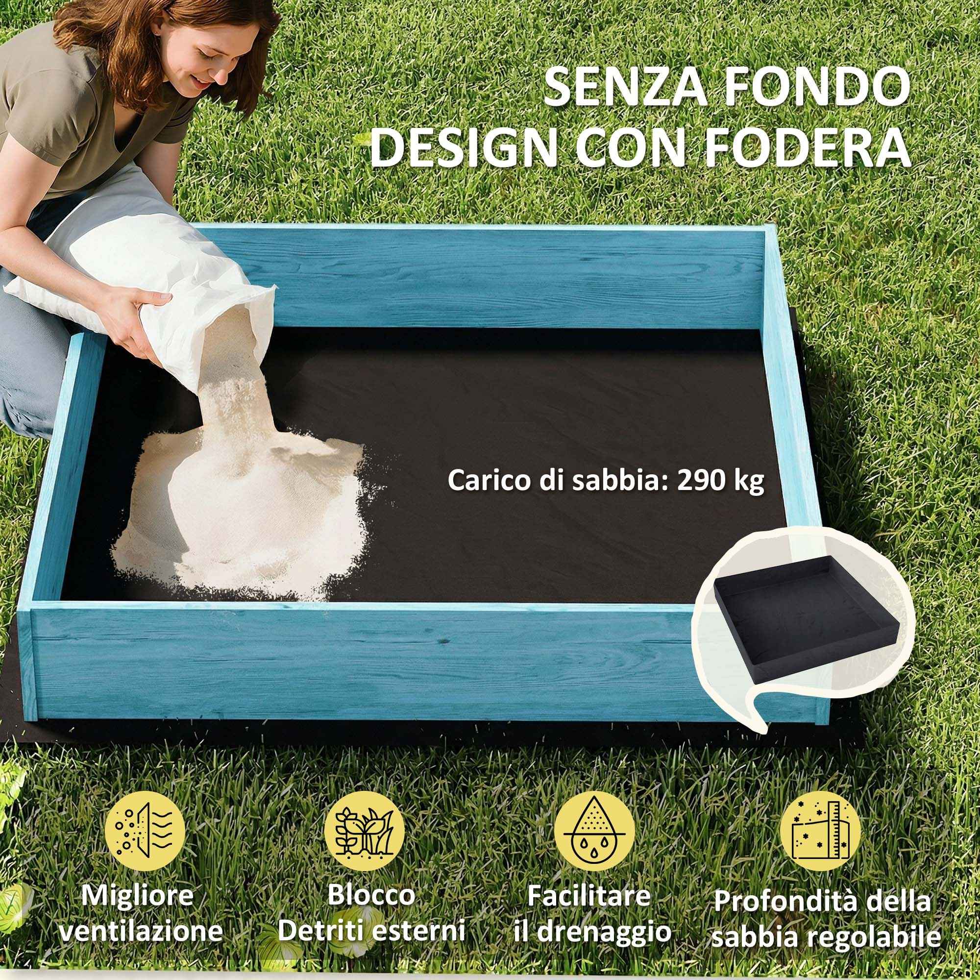 Sandpit for Children 3-6 Years with Dinosaur Canopy, Folding Seats, Lid and Liner Included, Children's Sandpit in Fir Wood, 134.5x127.5x130 cm, Blue