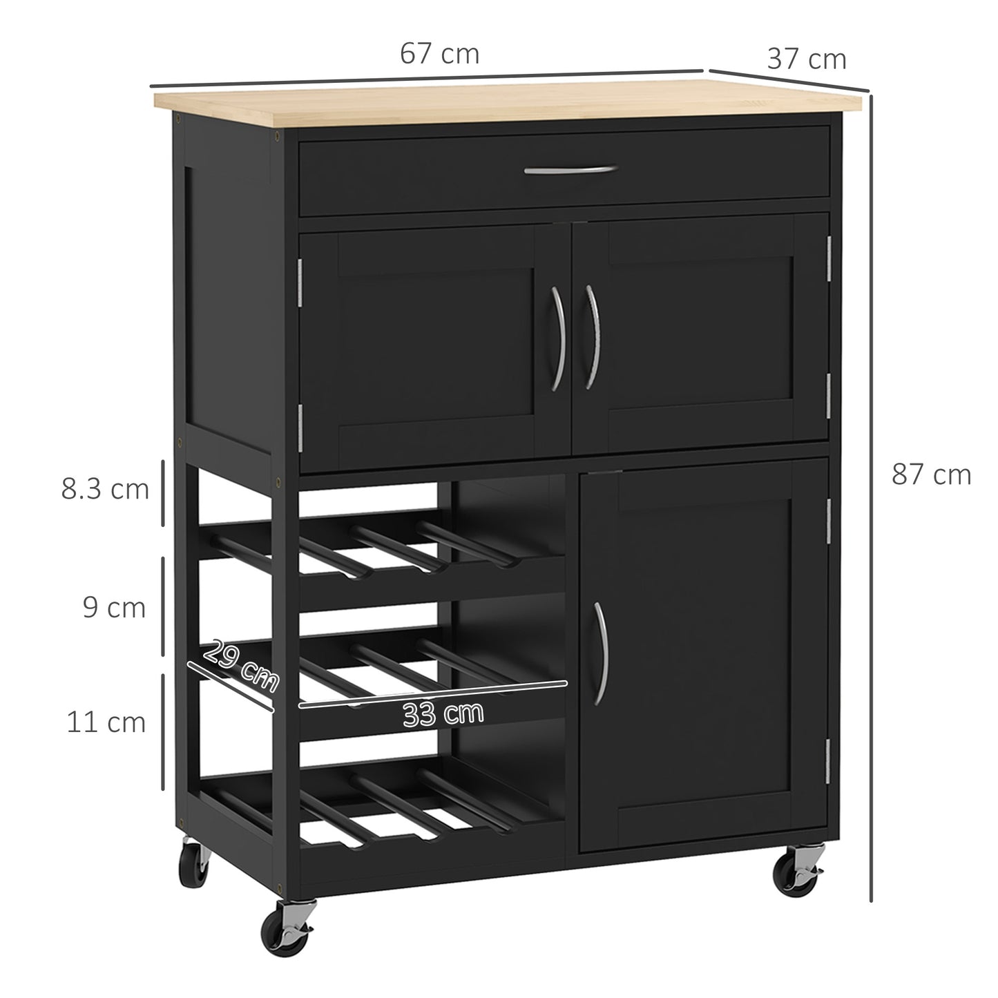 Wooden Kitchen Trolley with Bottle Holder, 3 Doors and Drawer, 67x37x87 cm, Black and Oak