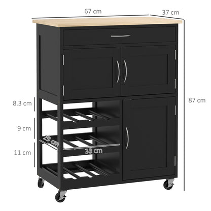 Wooden Kitchen Trolley with Bottle Holder, 3 Doors and Drawer, 67x37x87 cm, Black and Oak