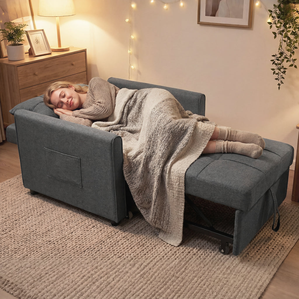 HOMCOM 3-in-1 Single Sofa Bed in Linen-Effect Fabric and Wood with Reclining Backrest, 69x82x85 cm, Grey