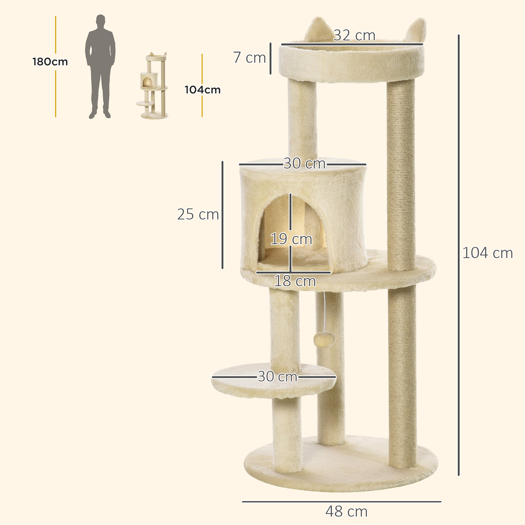 Cat Tree with Spacious Cat Bed and Platform, 104 cm, Cream White