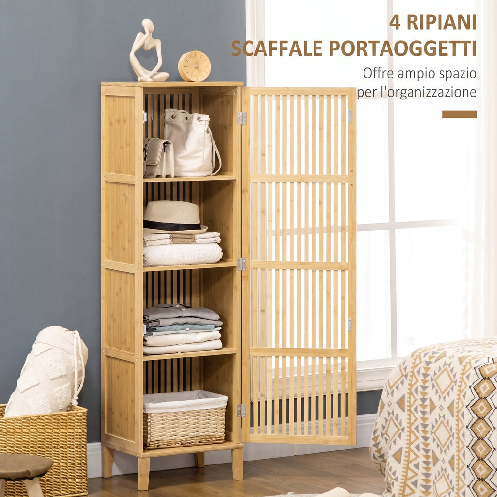 HOMCOM Narrow Bamboo Bathroom Cabinet, Space-Saving Bathroom Cabinet with 4 Shelves and Slatted Door, 40x30x140 cm, Natural