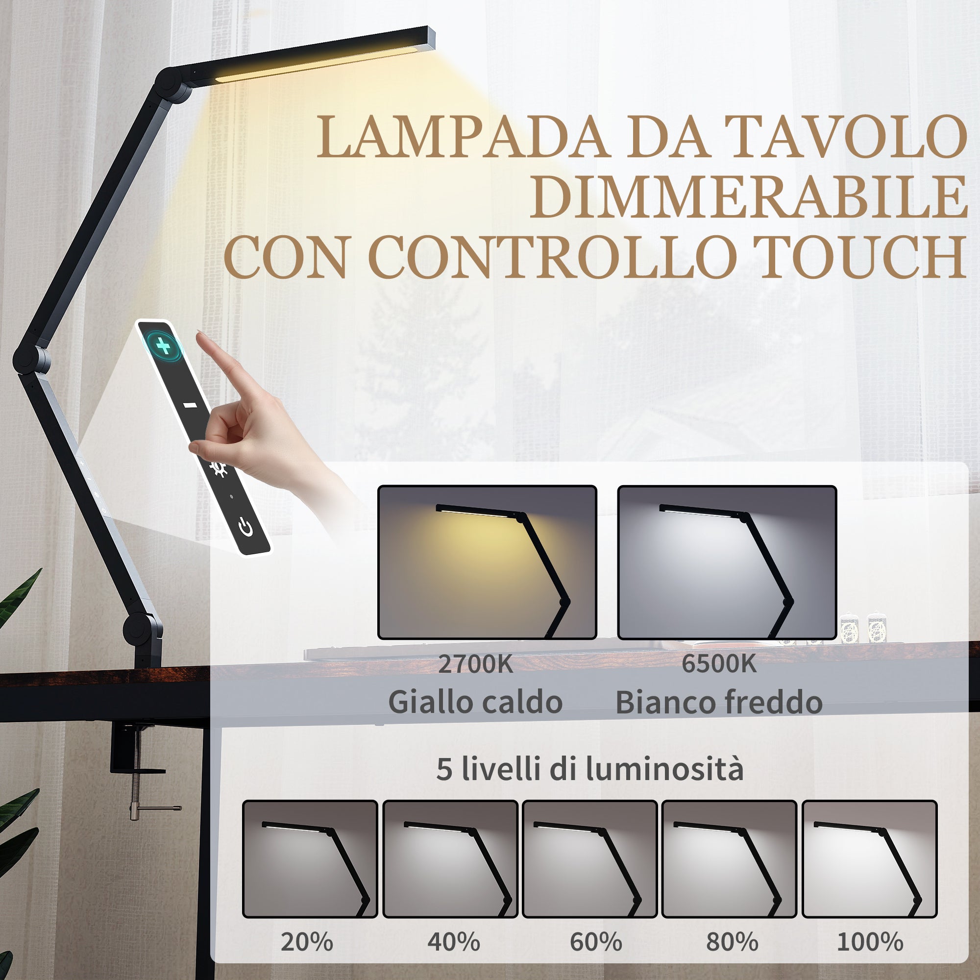 Dimmable LED Desk Lamp with Clamp, Adjustable Arm and 2 Light Colors, Black