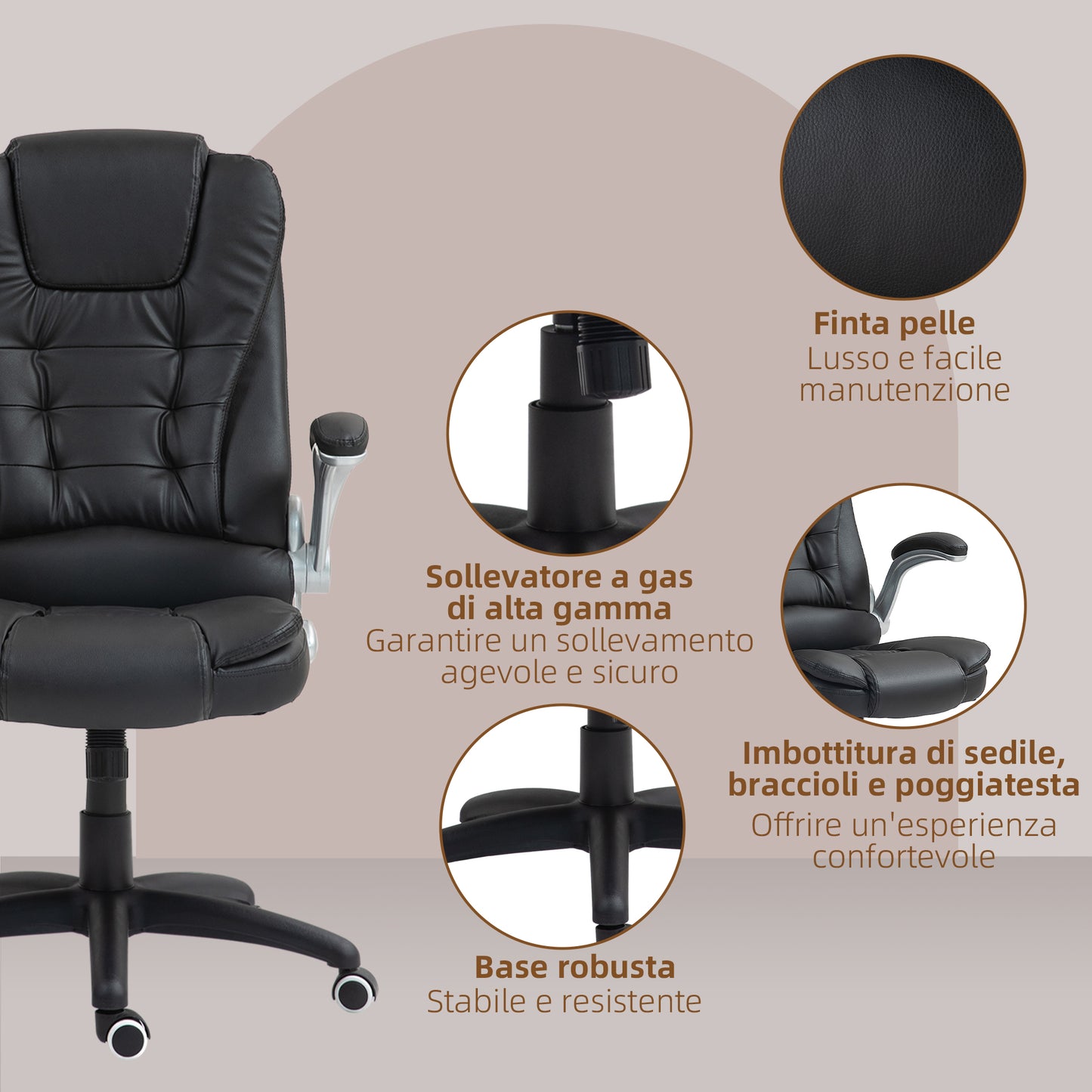 Office Chair in Faux PU Leather with Folding Armrests, High Backrest and Rocking, Black