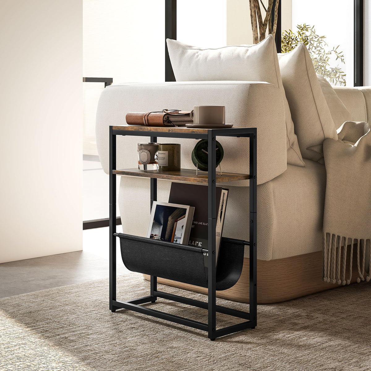 HOMCOM Narrow Coffee Table, Industrial Side Table with 3 Shelves, V-Shaped Magazine Rack, Nightstand for Living Room, Small Spaces, Rustic Brown