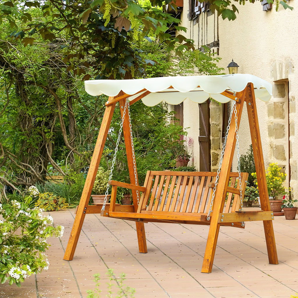 Classic Style Garden Swing Solid Pine Wood Compliant with FS Standards Polyester Fabric Sun Shade Canopy with PA Coating 162x130x185cm 240kg