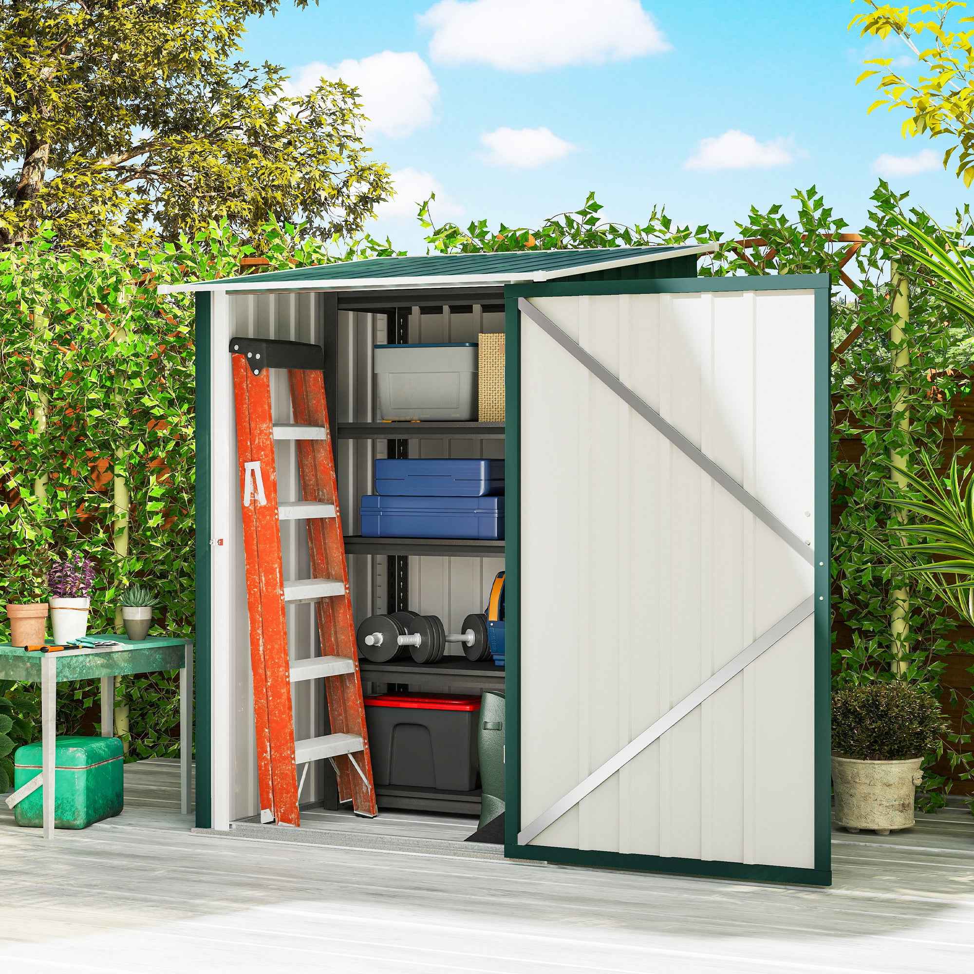 Outsunny Galvanized Steel Garden Shed with Hinged Door, 100x104x160 cm, Green
