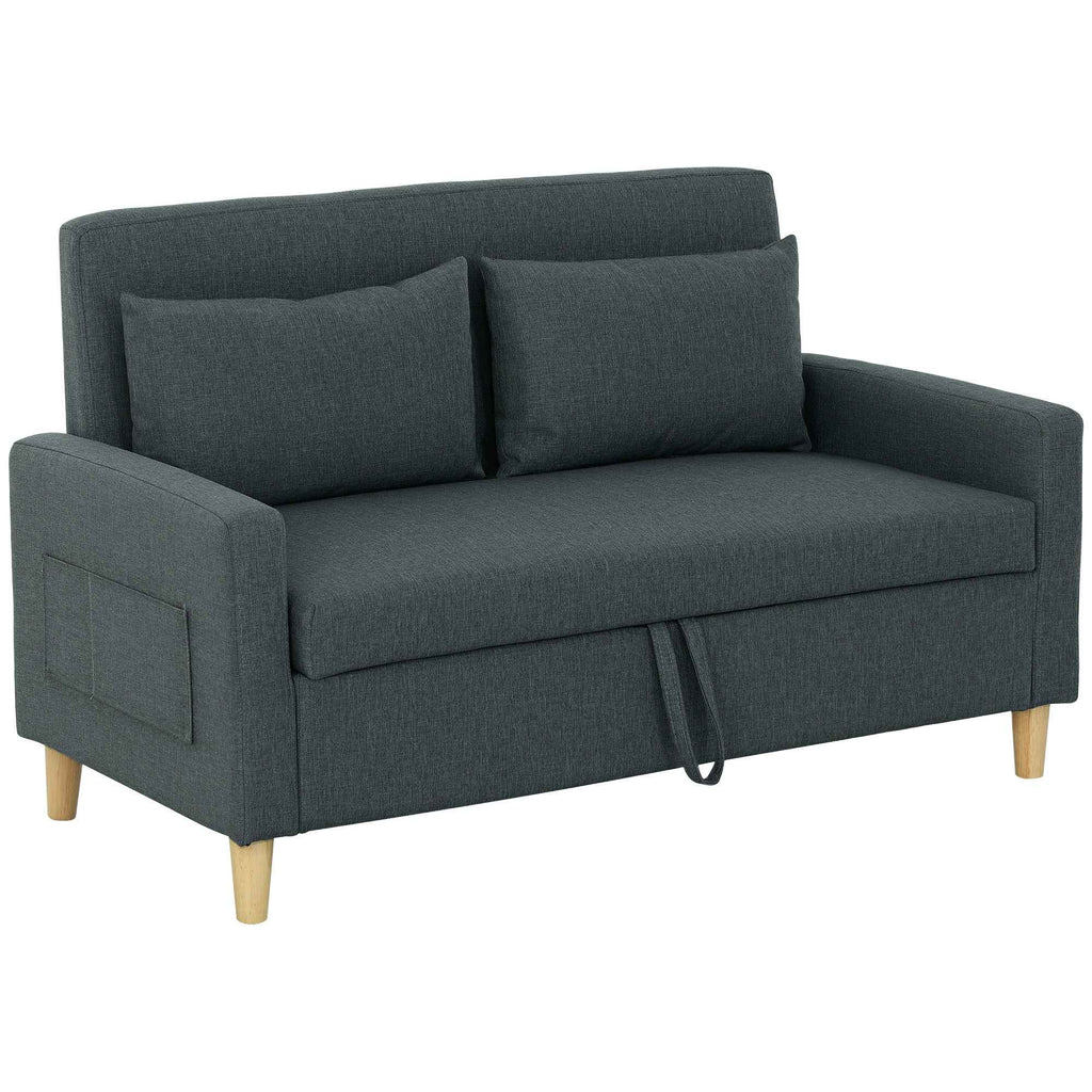 HOMCOM 2-Seater Sofa with Storage Space and Cushions, in Linen and Wood Effect Fabric, 135x72x84 cm, Dark Grey