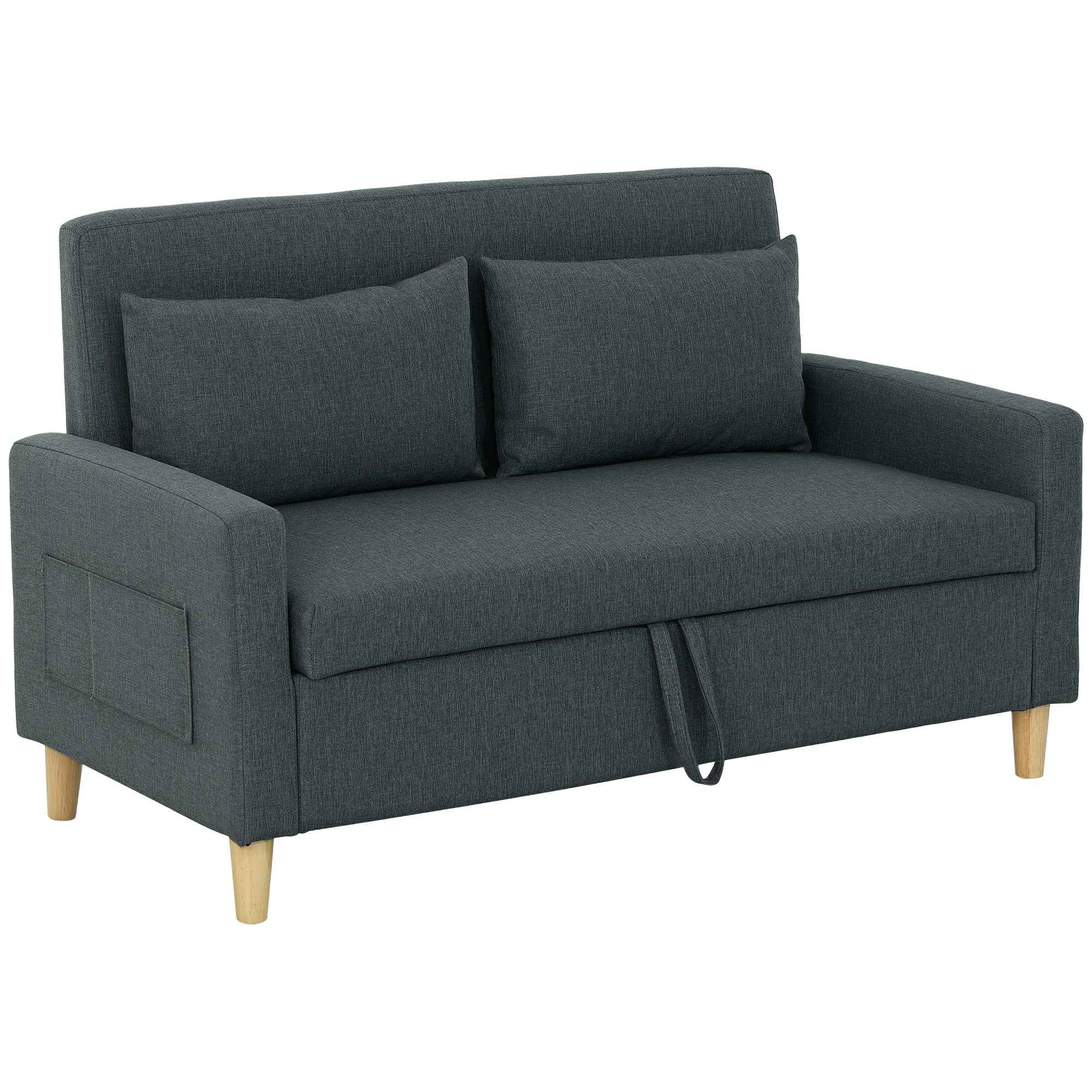 HOMCOM 2-Seater Sofa with Storage Space and Cushions, in Linen and Wood Effect Fabric, 135x72x84 cm, Dark Grey