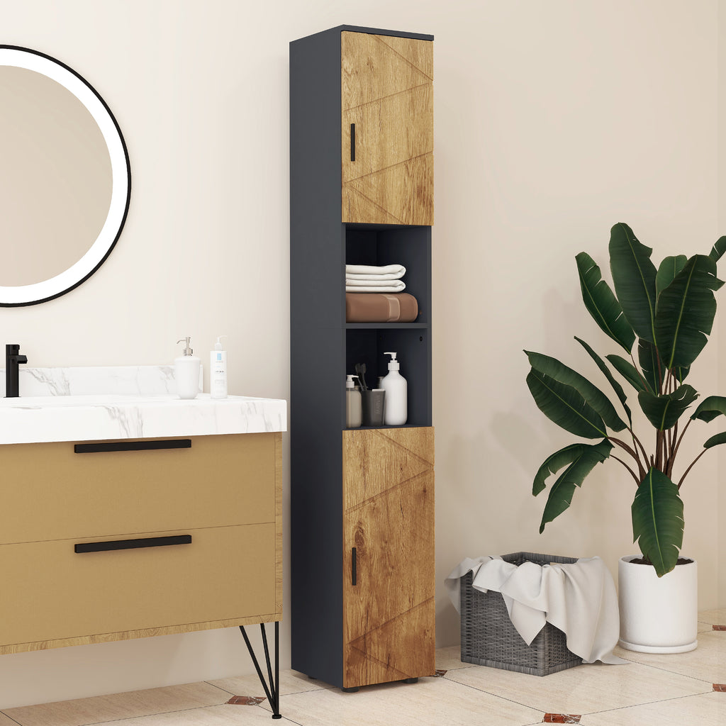 kleankin Chipboard Bathroom Column with 2 Open Shelves and 2 Double-Tier Cabinets, 30x30x183 cm, Oak