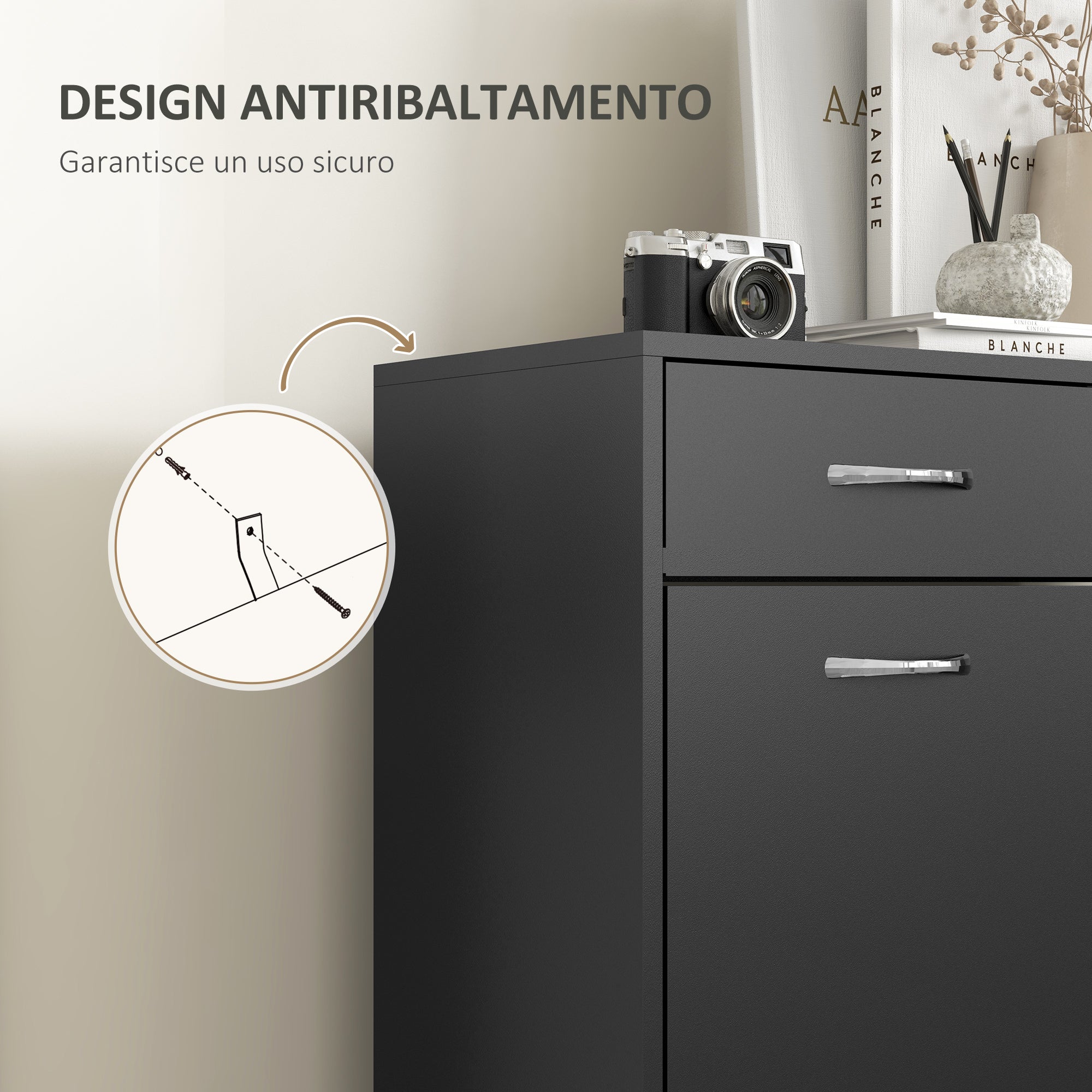 Shoe Rack of 12 Pairs with 2 Adjustable Internal Shelves and 2 Drawers, in Wood, 80x30x91.5 cm, Black