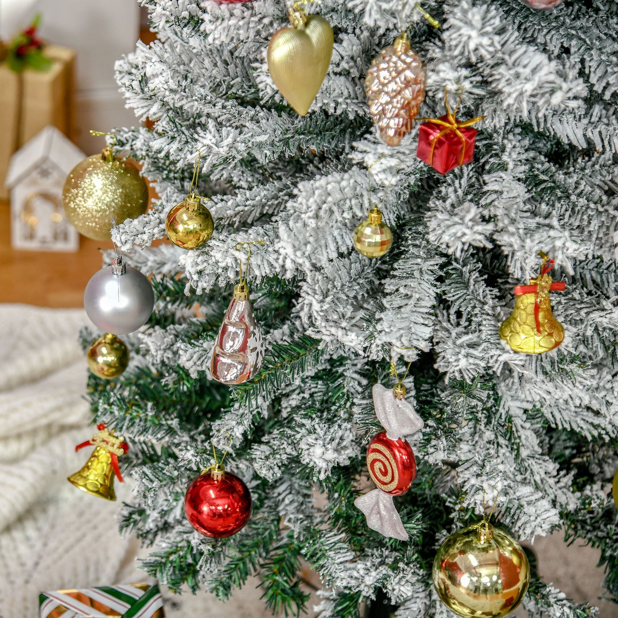 Green PP Snow-Covered Christmas Tree with 738 Fireproof Branches and Stainless Steel Base, Ø68x225 cm