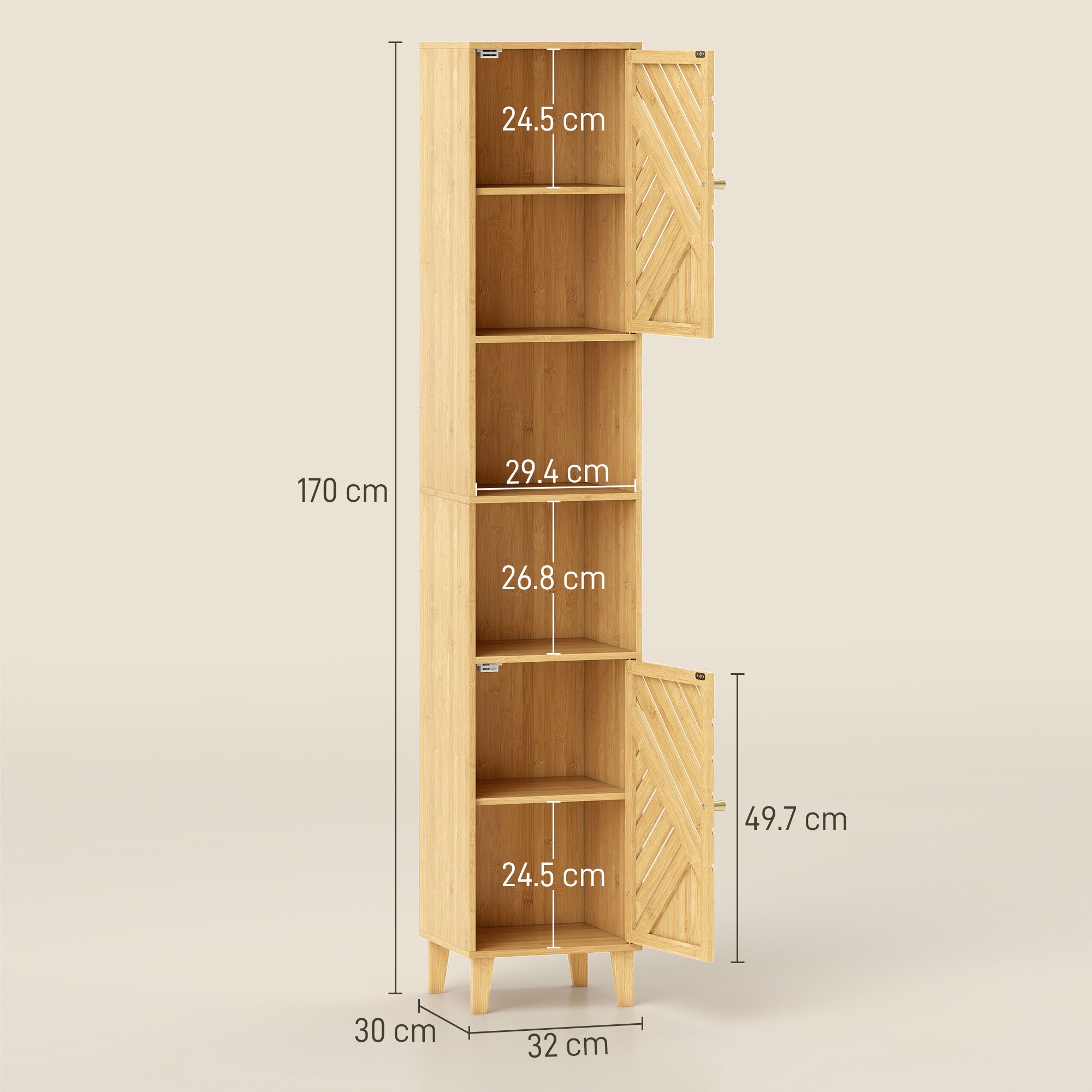 Bathroom Cabinet with 2 Cabinets and 2 Shelves with Adjustable Shelf, in Bamboo and Chipboard, 32x30x170 cm