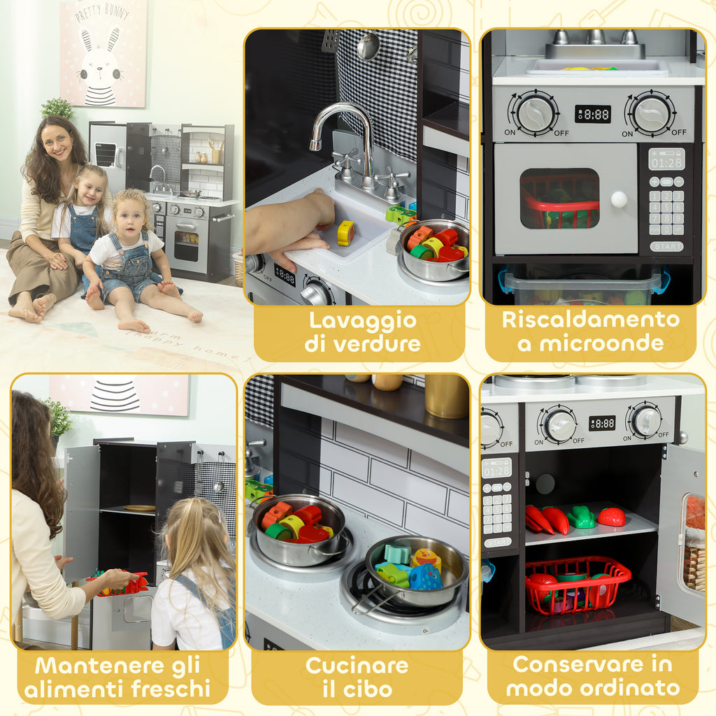 Wooden Toy Kitchen for Kids Ages 3-8 with Accessories, Fridge, Sink and Knobs with Sounds, Brown