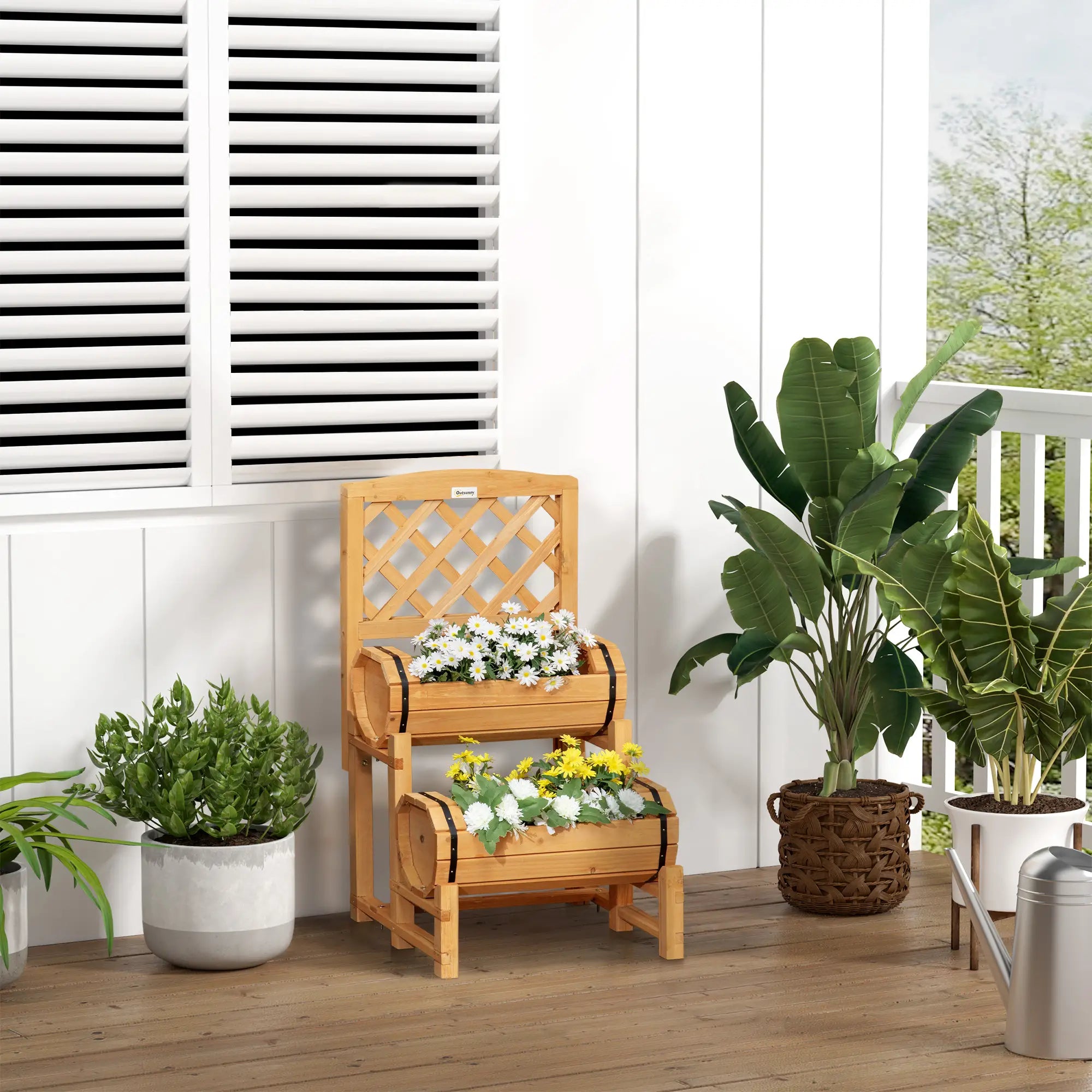 Half Barrel Outdoor Planter in Fir Wood with Raised Vertical Design, 45x45x80 cm - Borge' Group Limited