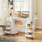 Folding Sewing Machine Table with Shelves, 20 Pegs, Lockable Wheels, White