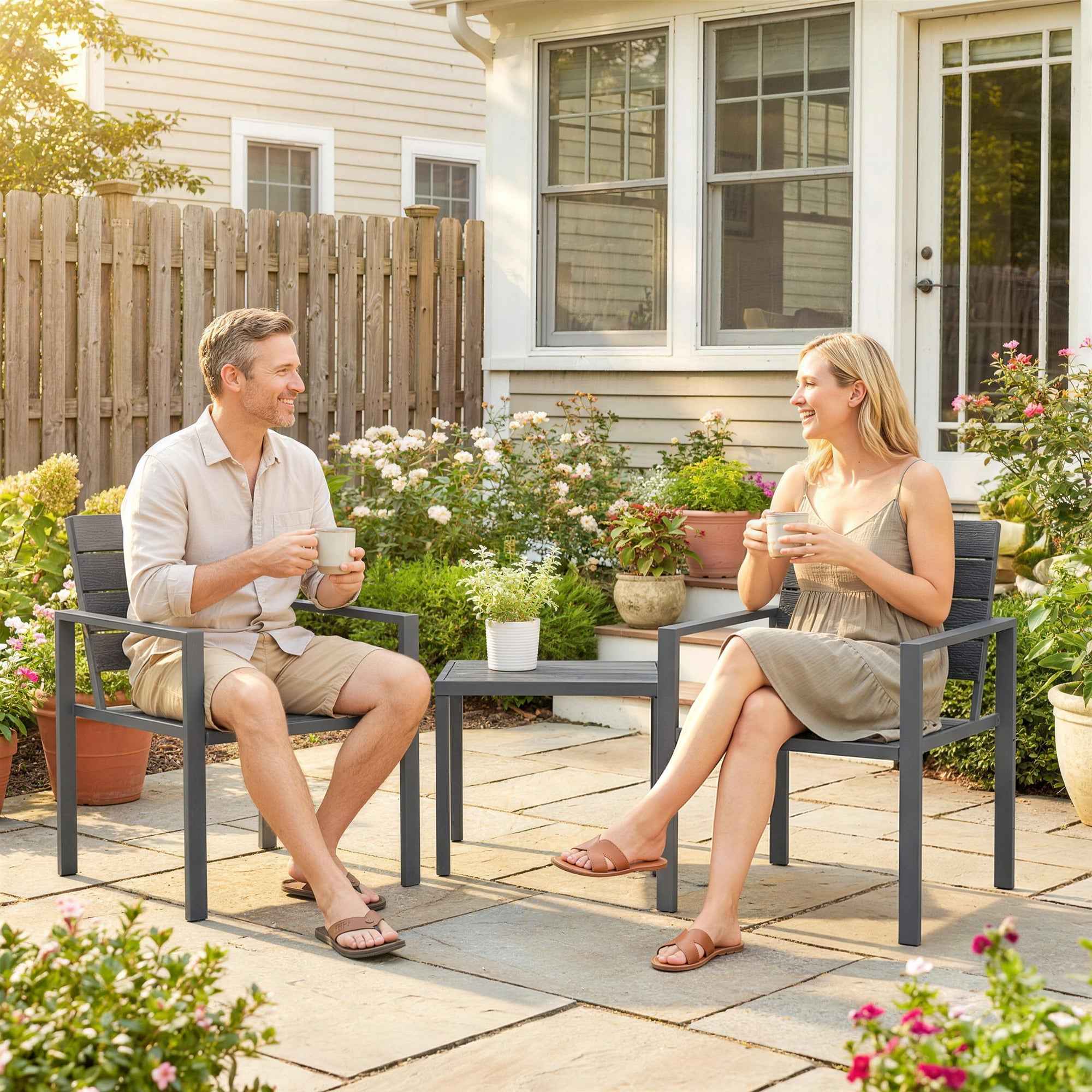 Outsunny 3-Piece Garden Set with 2 Outdoor Chairs and Coffee Table, in HDPE and Metal, Dark Grey