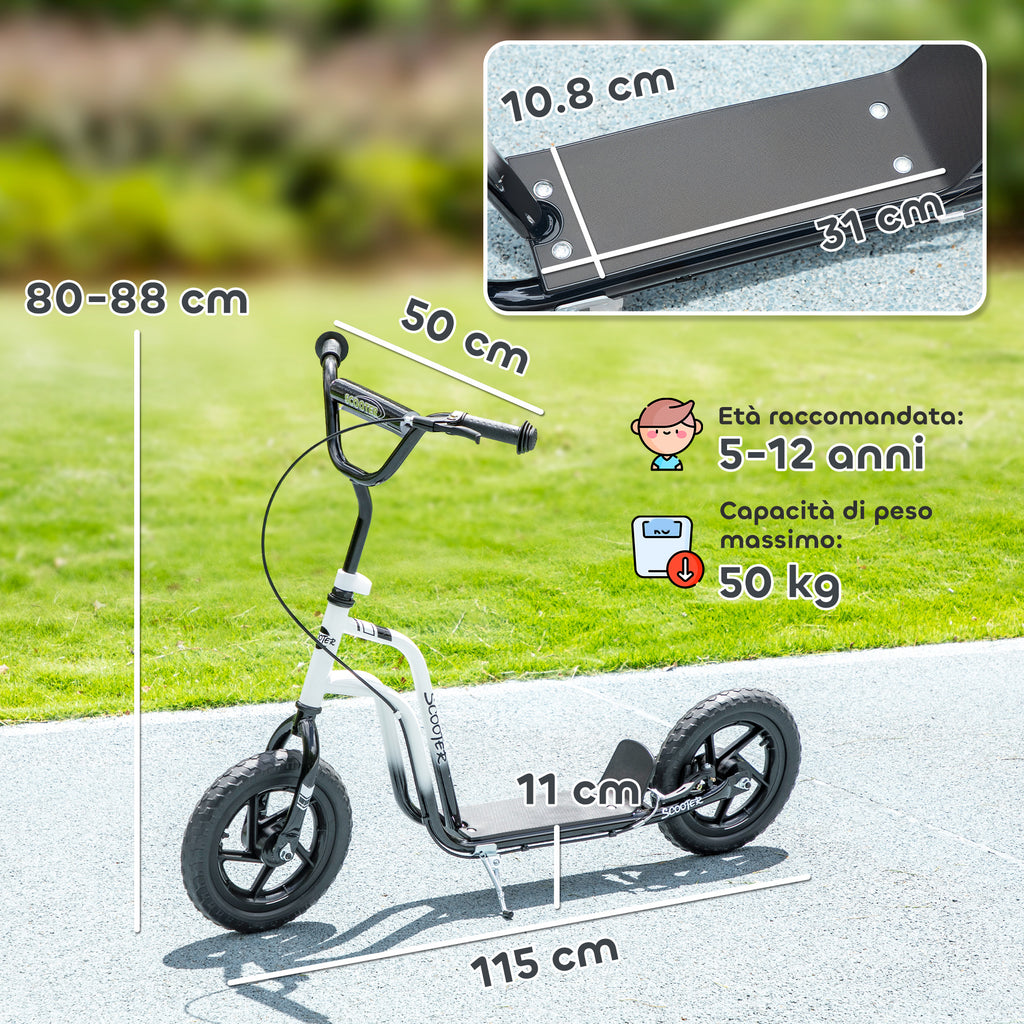 Kids Scooter for 5-12 Years Old with Brake, Kickstand and Adjustable Handlebar, 129x52x80-88 cm, White and Black
