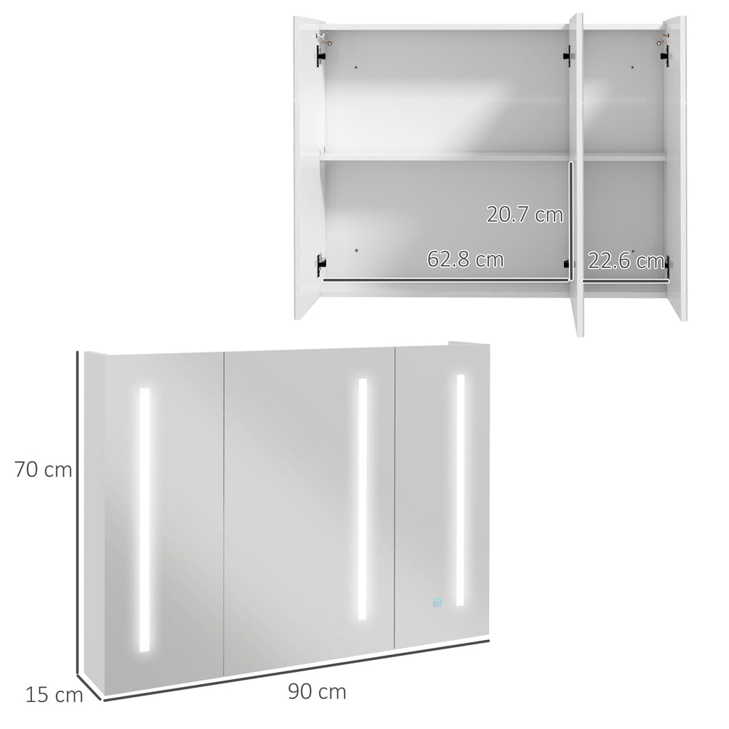 Kleankin Condition with mirror with adjustable shelves and 3 -colored LED lights, in MDF and glass, 90x15x70 cm, white - Borgè