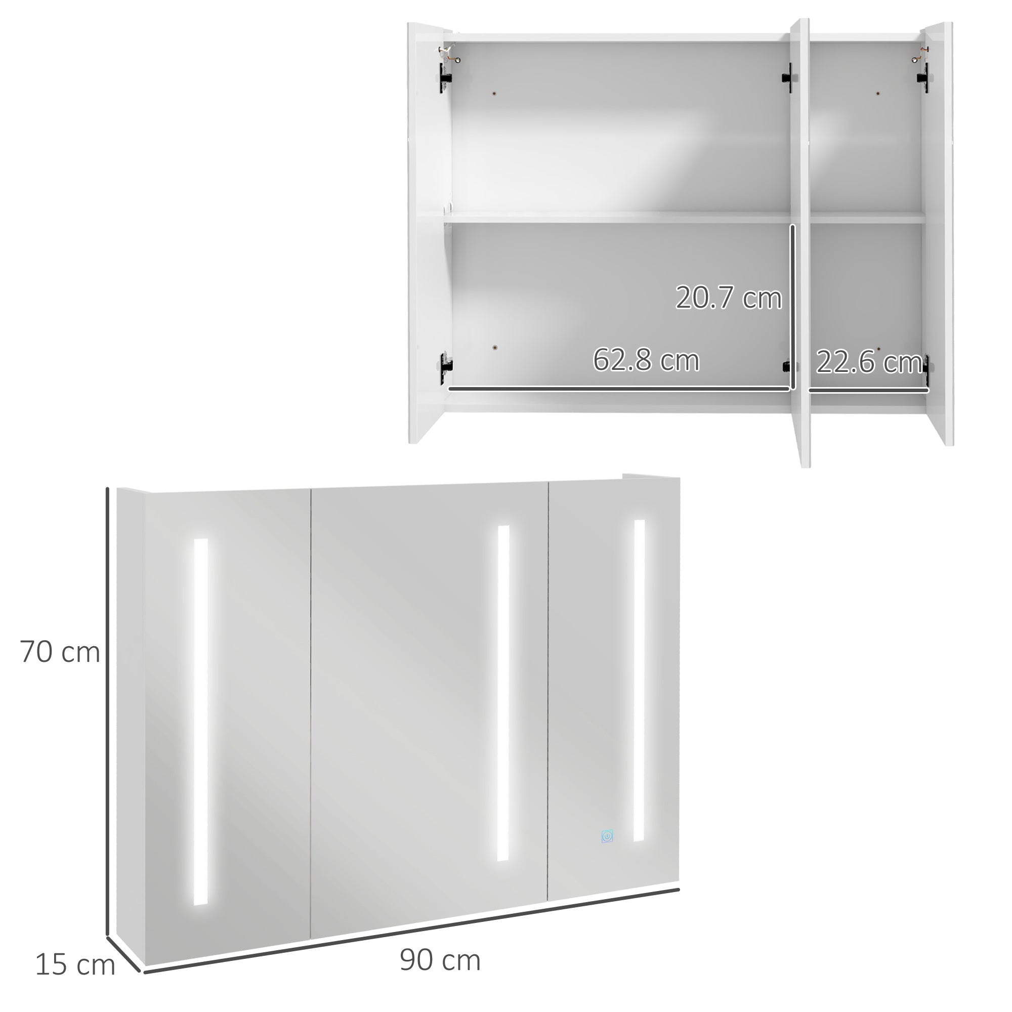 Kleankin Condition with mirror with adjustable shelves and 3 -colored LED lights, in MDF and glass, 90x15x70 cm, white - Borgè