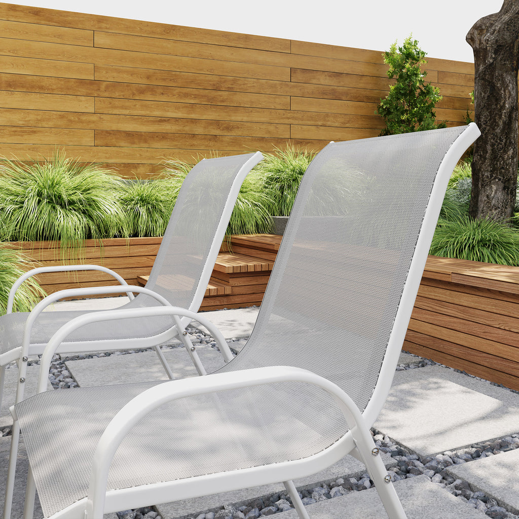 Outsunny Set of 4 Stackable Garden Chairs with Curved Armrests, Steel and Breathable Fabric, 54x71x93 cm, Grey and White