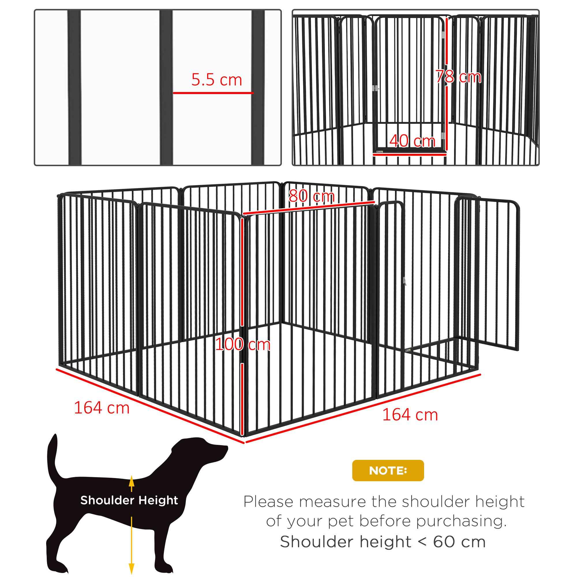 PawHut 8-Panel Modular Indoor/Outdoor Dog Kennel with 9 Pegs, Steel, 164x164x100 cm, Black