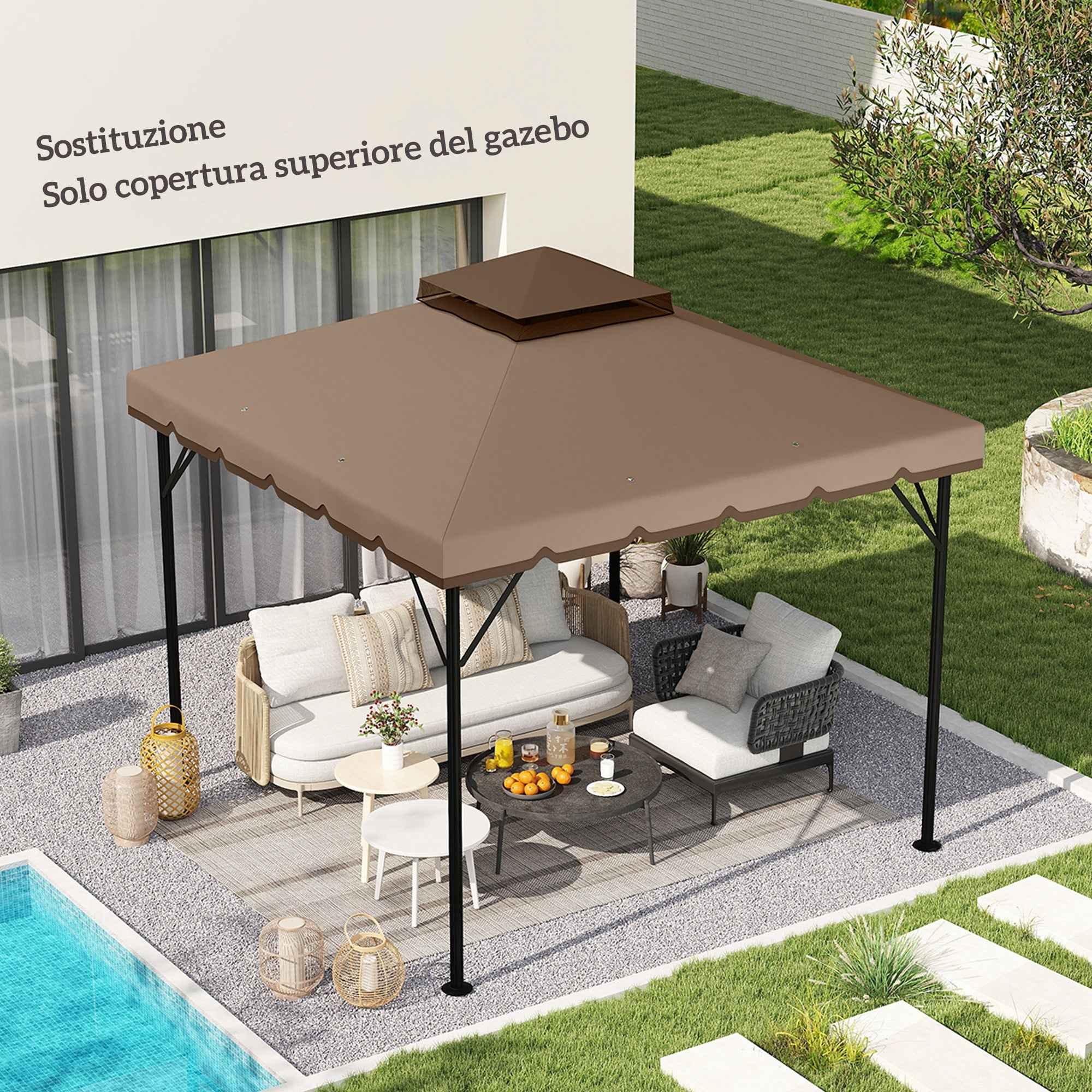 Outsunny 3x3m 2-Tier Gazebo Cover with 8 Drainage Holes, Khaki and Brown Polyester