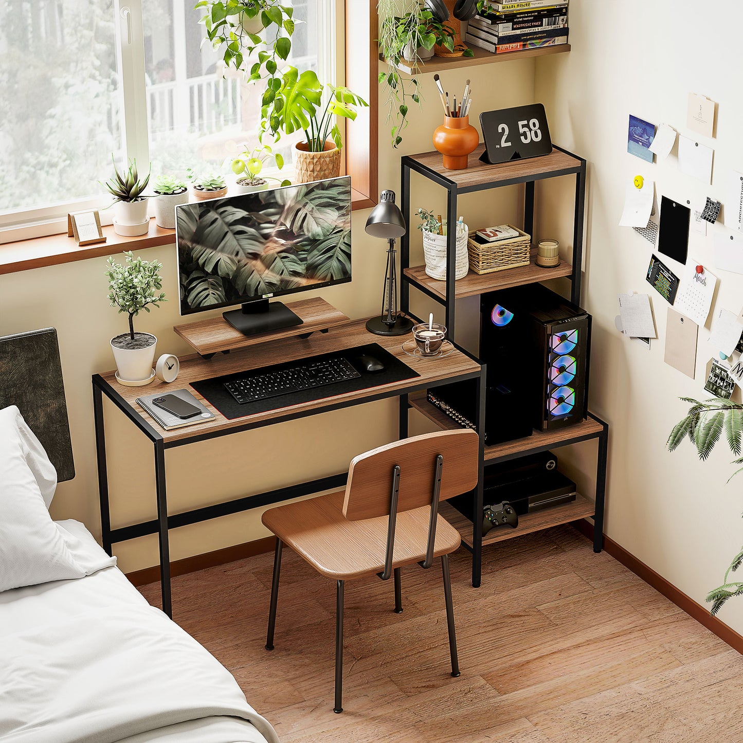 Bedroom Desk with 4-Shelf Shelf and Monitor Stand, 150x48x125cm, Brown