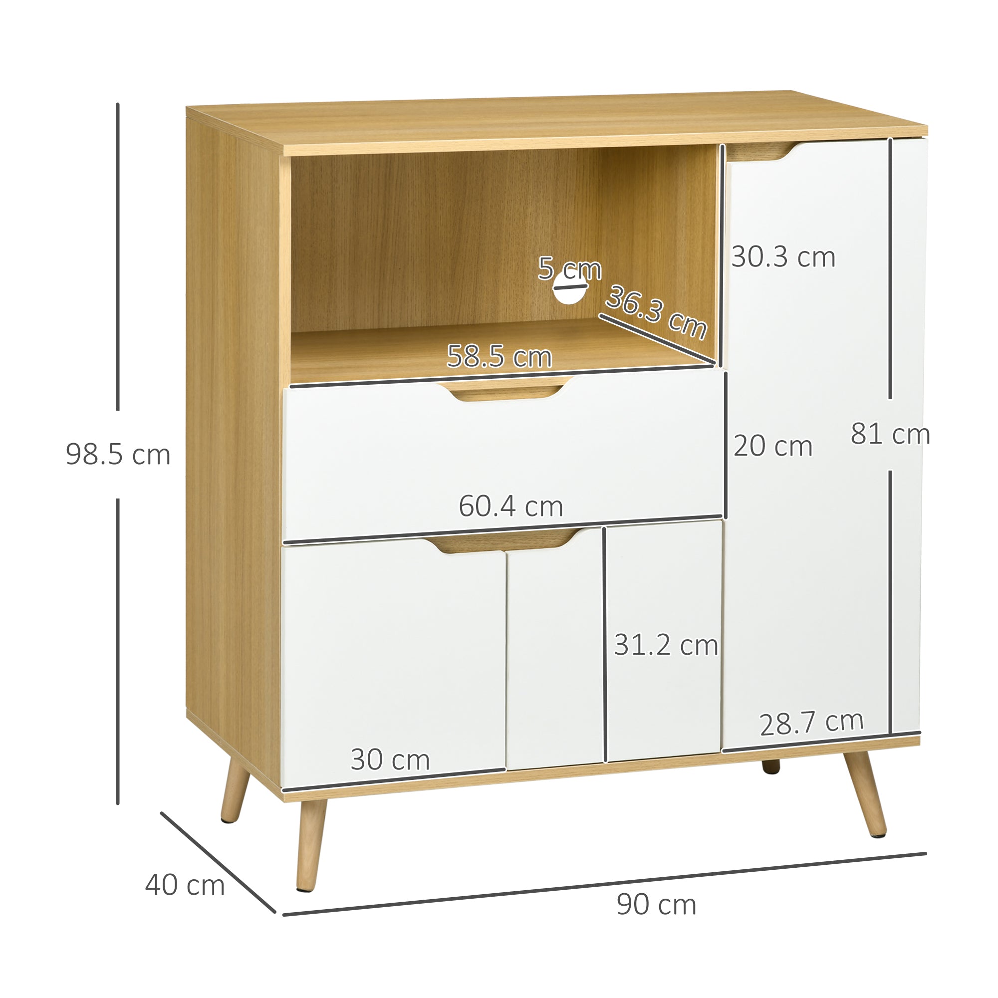 Microwave Cabinet with Open Shelf, Cabinets and Drawer, 90x40x98.5cm White and Wood