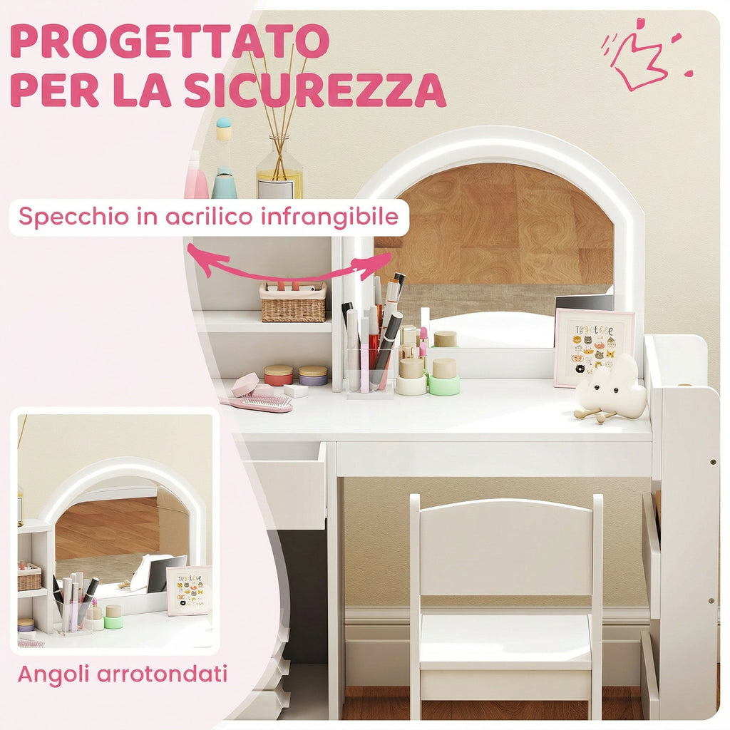 AIYAPLAY 2-in-1 Kids Dressing Table Set with Mirror, Chair, LED Light, Cabinet, Shelves and Bookcase, White