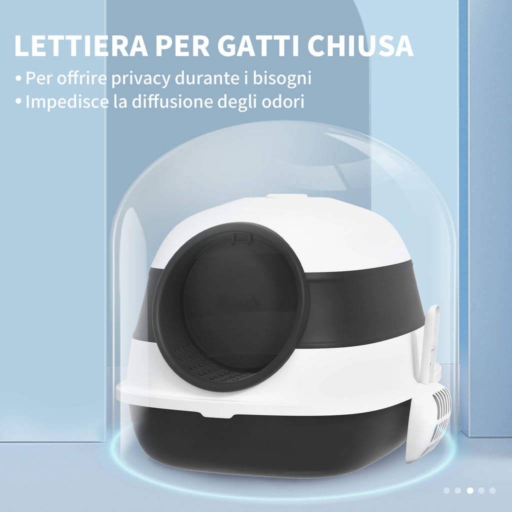 Cat Litter Box with Lid, Scoop and Deodorizer, Foldable Design, 52x41x38 cm, White and Black