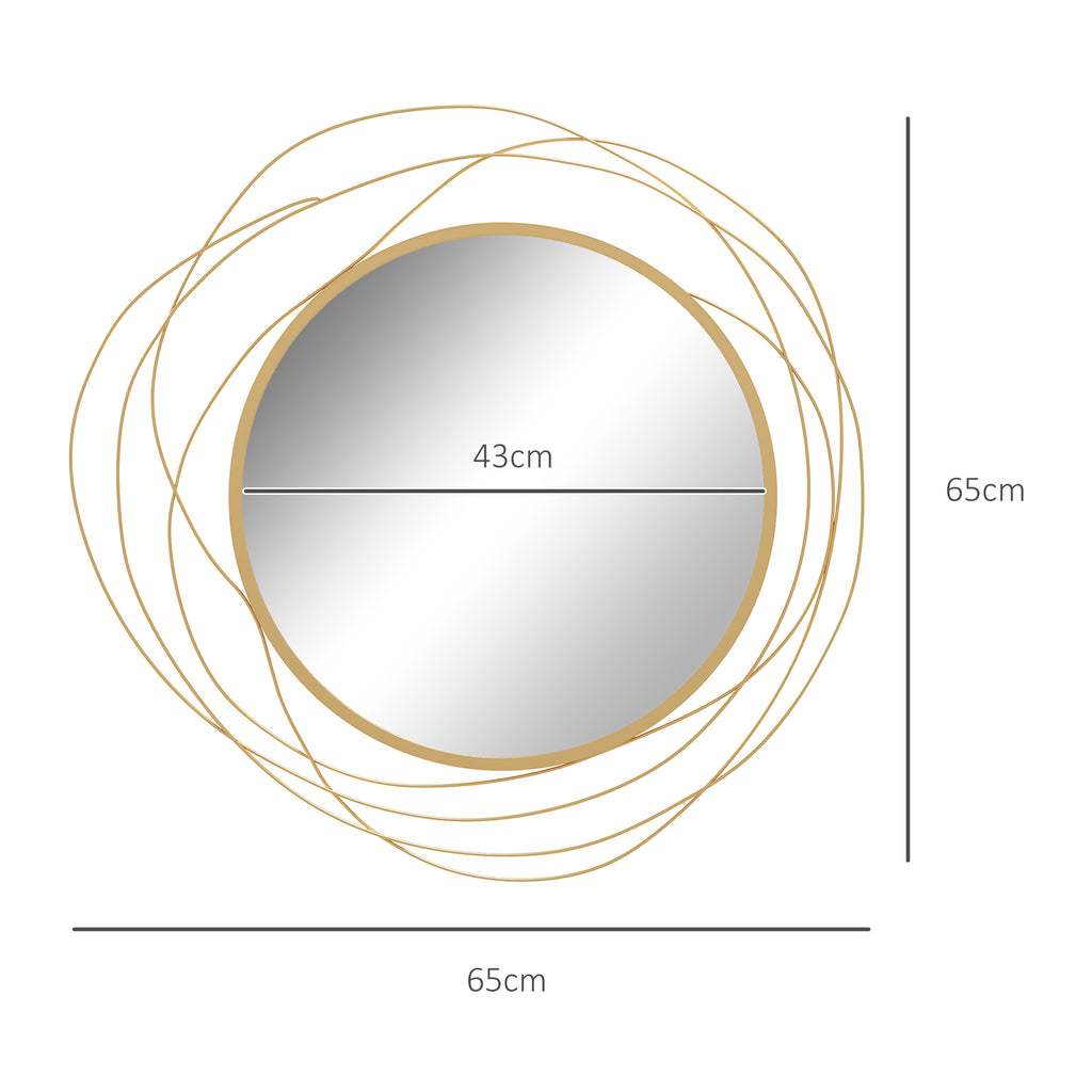 HOMCOM Modern and Round Decorative Wall Mirror with Hooks, in Glass and Metal, Ø65x1 cm, Gold - Borgè