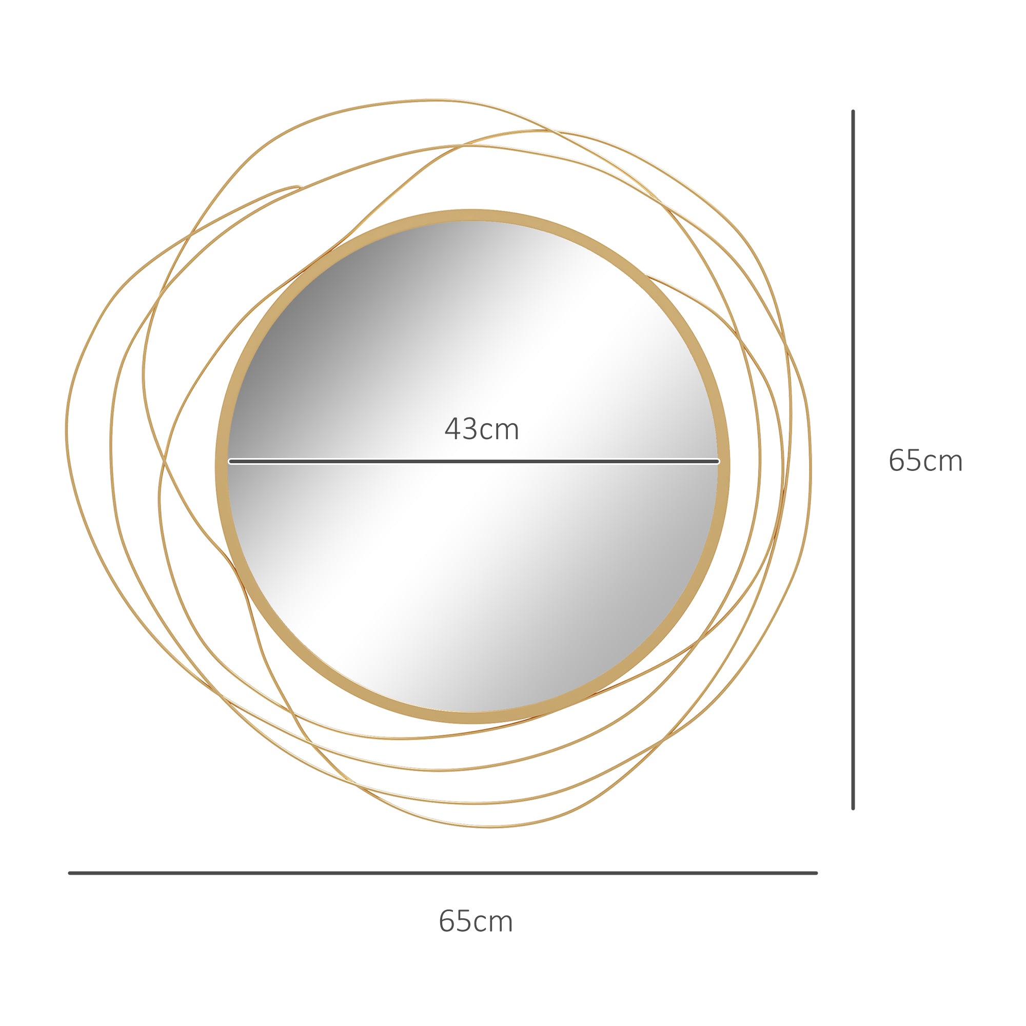 HOMCOM Modern and Round Decorative Wall Mirror with Hooks, in Glass and Metal, Ø65x1 cm, Gold - Borgè