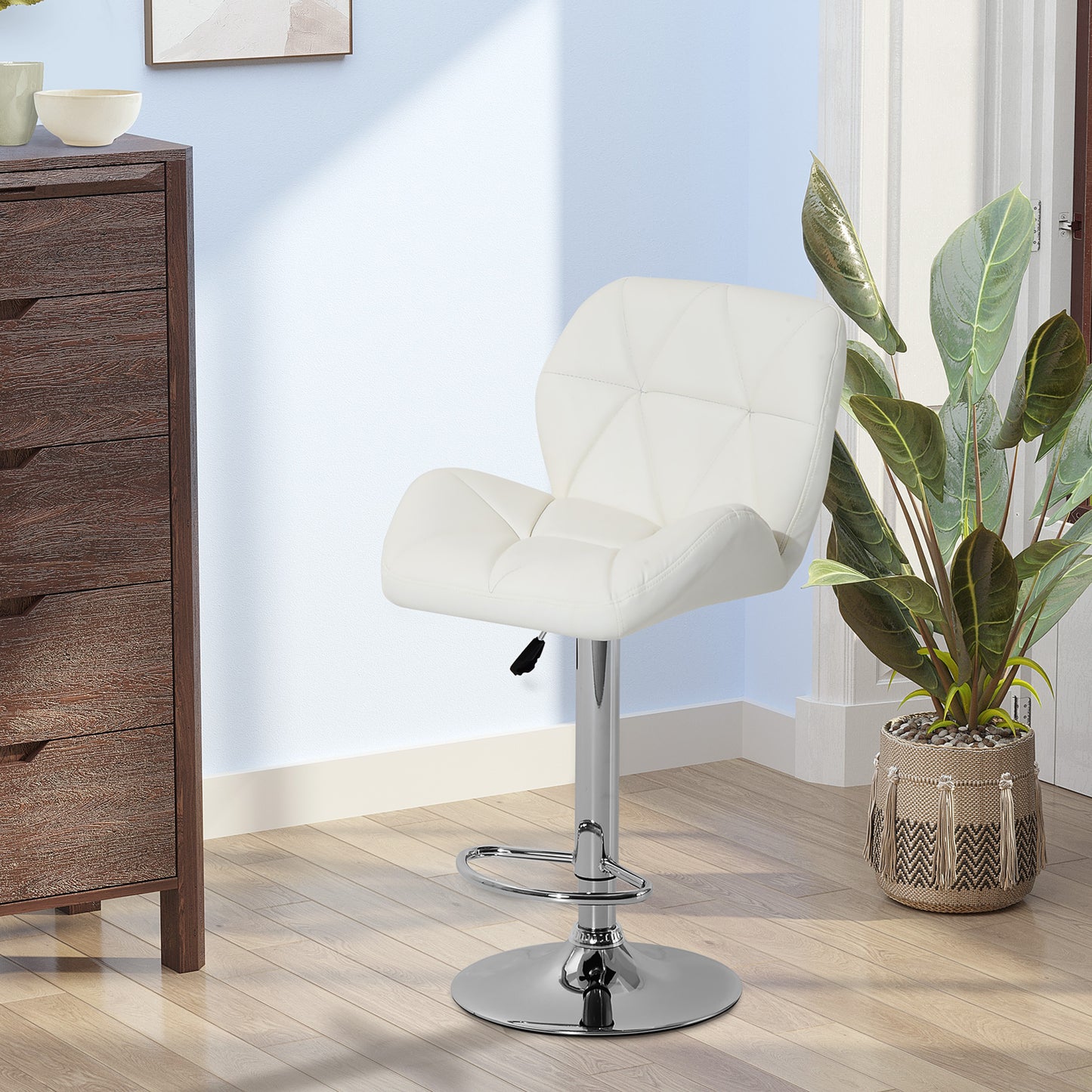 Swivel Bar Stool in Eco Leather with Backrest and Adjustable Height, White - Borgè