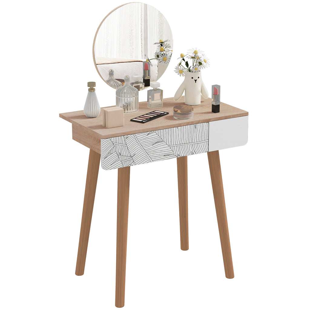 Dressing Table with Circular Mirror Ф39cm, Makeup Console with Drawer in Jungle Decor, White and Oak, 70x39x119-128cm