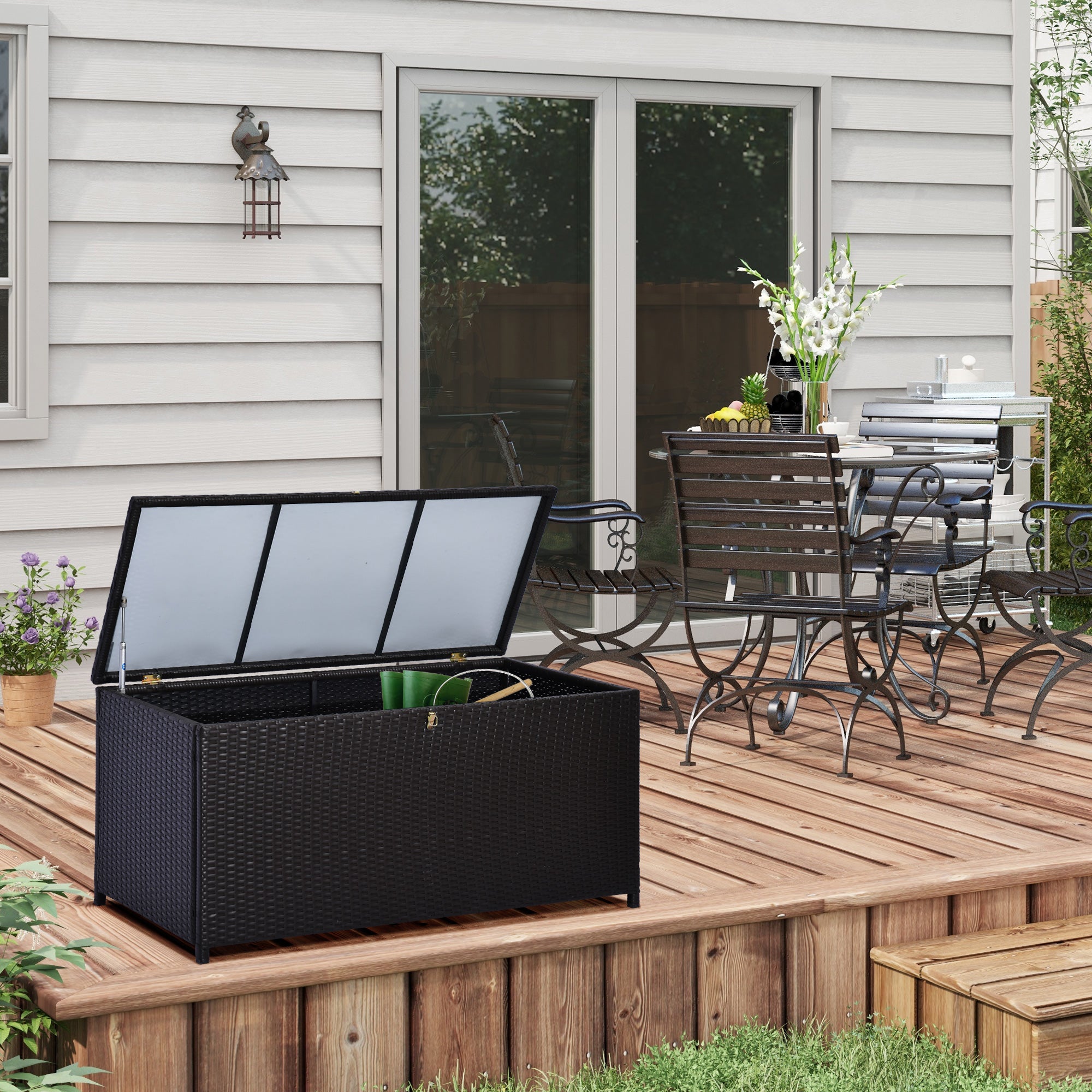 284L Outdoor Storage Chest with Gas Piston, PE Rattan and Steel, 118x54x59 cm, Dark Brown