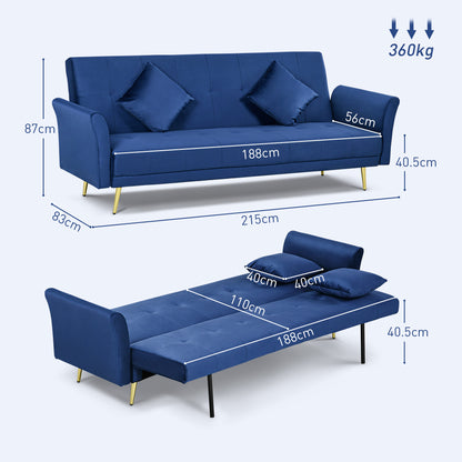 Sofa Bed with Adjustable Backrest and 2 Cushions, in Velvet Effect Fabric, 215x83x87 cm, Blue