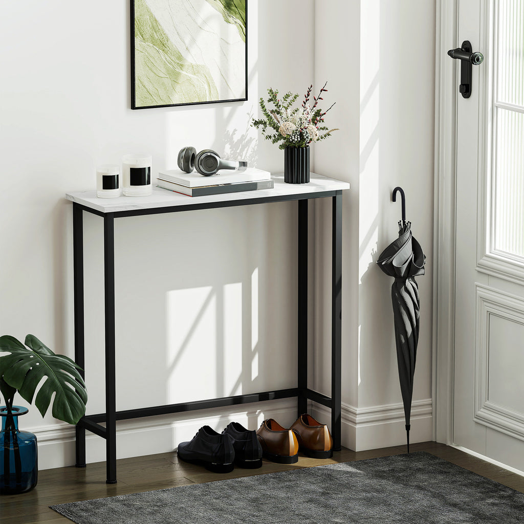 Entrance Console Table with Marble-Effect Top, in Wood and Steel, 75x24x76 cm, Black and White