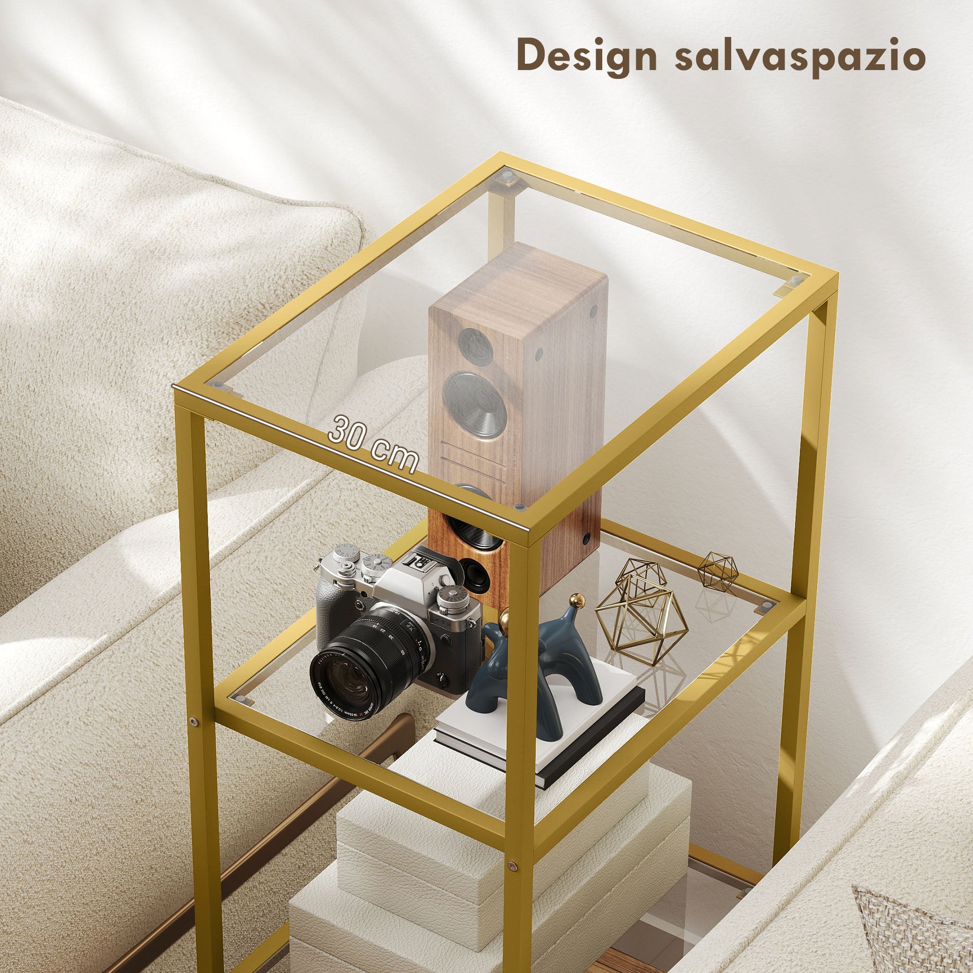 Minimalist 4-Tier Metal and Tempered Glass Shelf Unit, 40x30x96.5 cm, Gold
