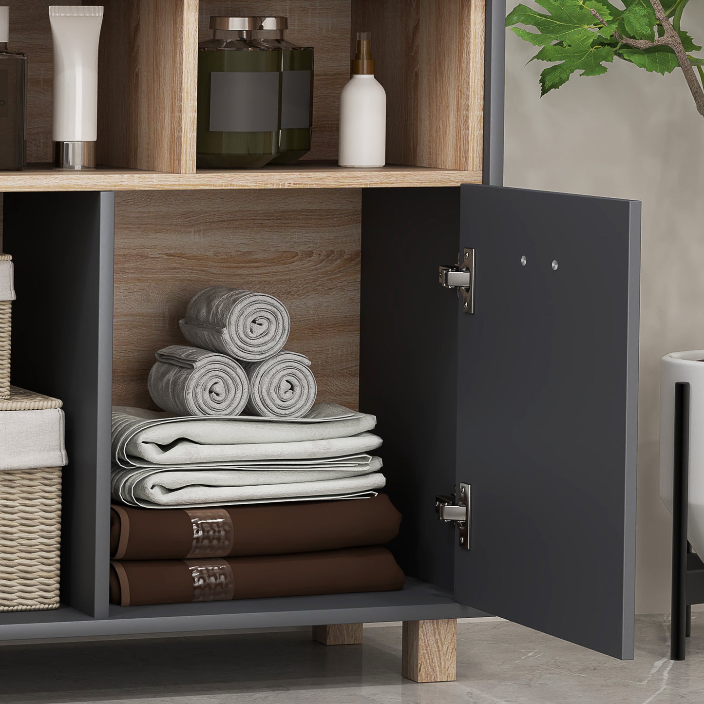 Modern Bathroom Cabinet with Open Compartments and 2-Door Cabinet, 80x35x70 cm, Grey