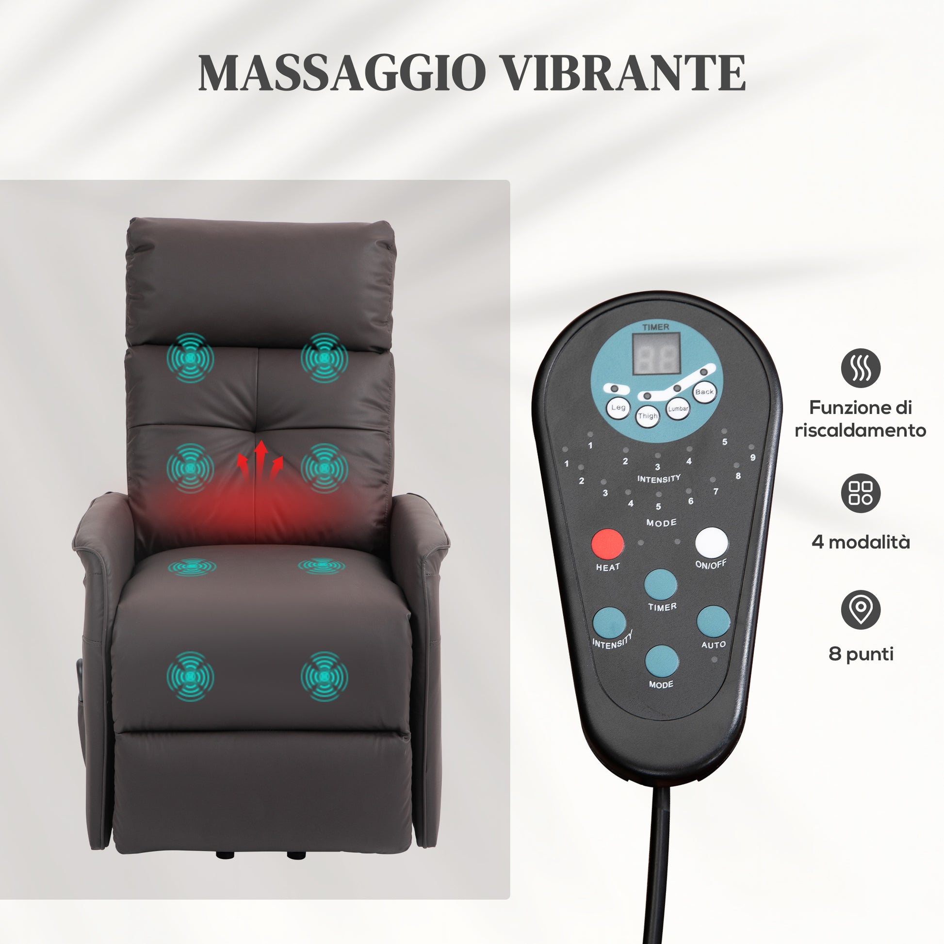 Lift and Recliner Relax Chair with 8 Massage Points and Heating, 2 Remote Controls, Brown - Borgè