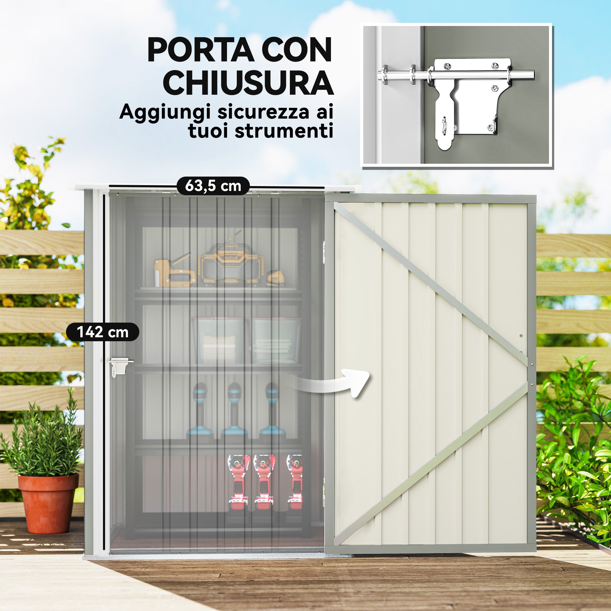 Outsunny Galvanized Steel Garden Shed with Door, 100x104x160 cm, Light Grey