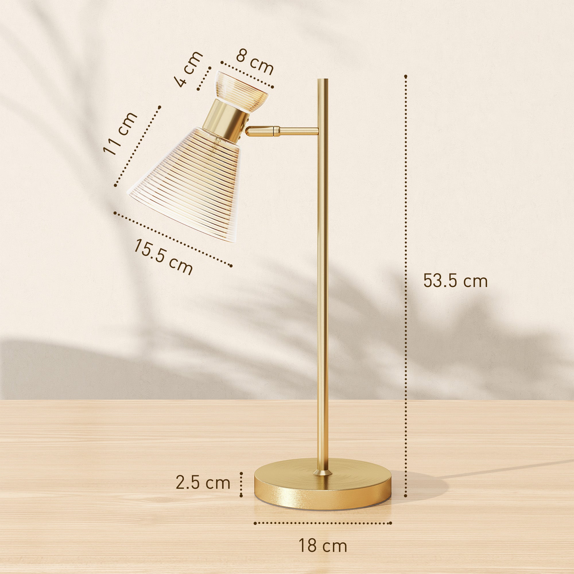 Modern Table Lamp with Adjustable Amber and Satin Glass Lampshade, E27 Socket, Gold